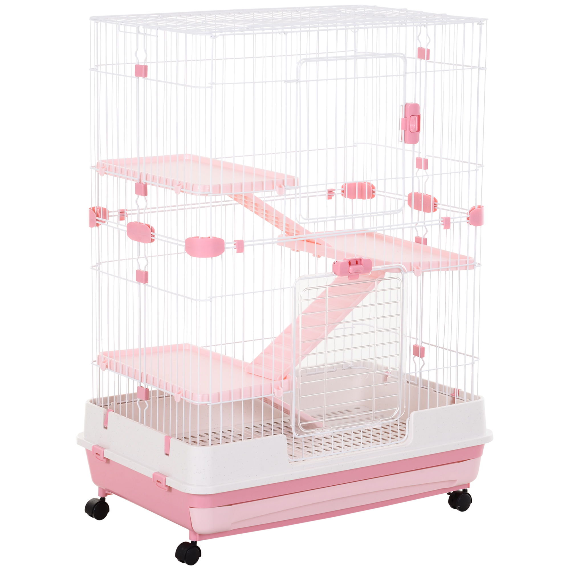 32"L 4-Level Small Animal Cage Rabbit Hutch with Wheels, Slide-out Tray for Bunny, Chinchillas, Ferret, Pink