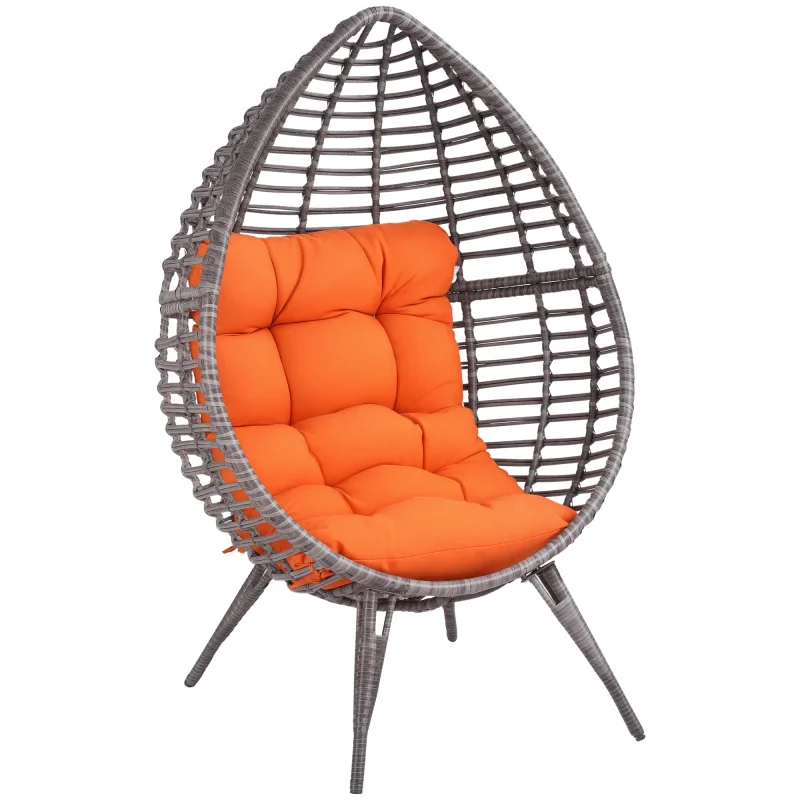  Patio Wicker Egg Chair w/ Soft Cushion, Teardrop Cuddle Seat, Outdoor / Indoor Patio Chair, PE Plastic Rattan Furniture with Adjustable Height Feet Pads, Orange