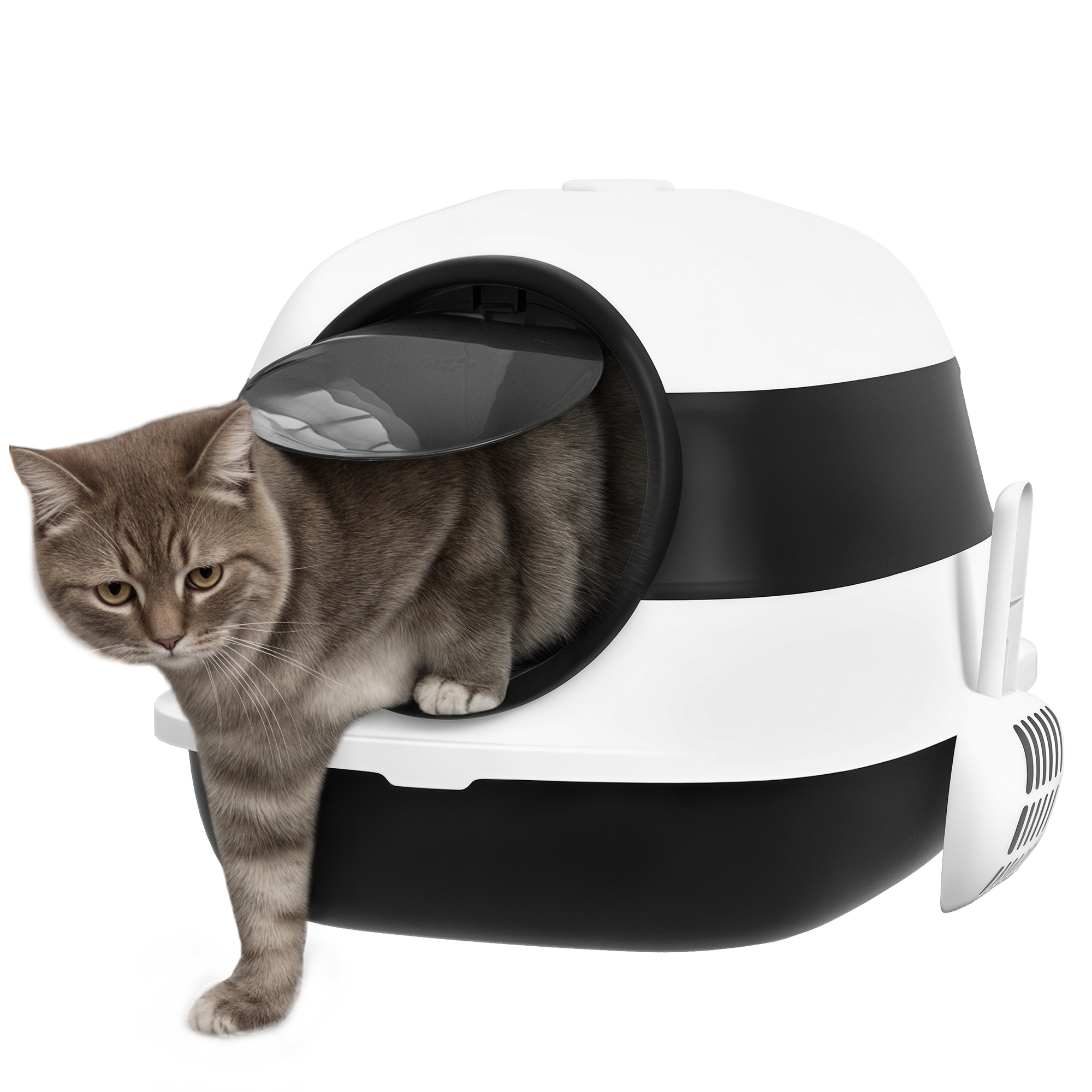 Dome Covered Cat Litter Box with Lid, White and Black