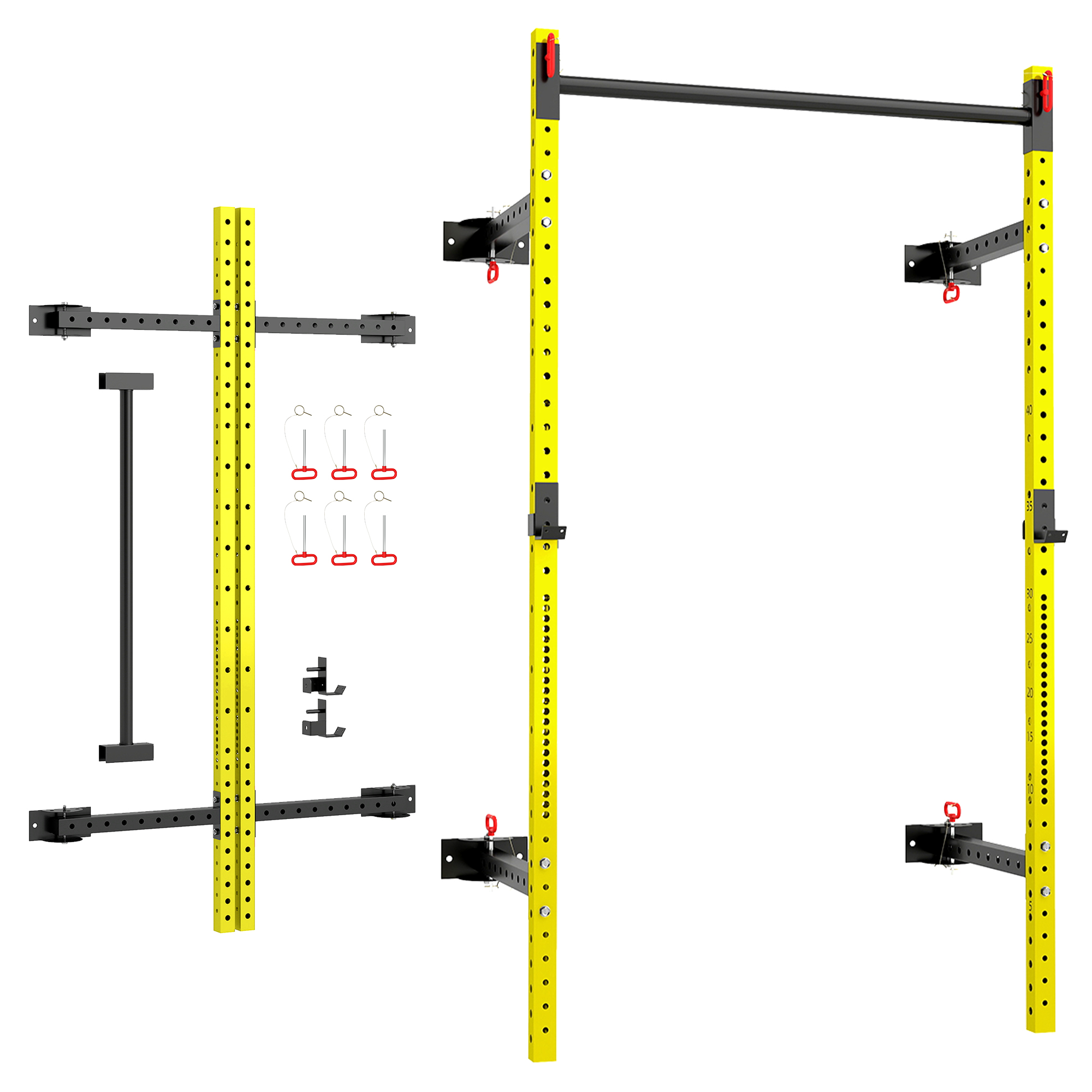 Folding Squat Rack with Pull Up Bar, Wall Mounted and Adjustable, 1000 Pounds Capacity Power Rack, Yellow