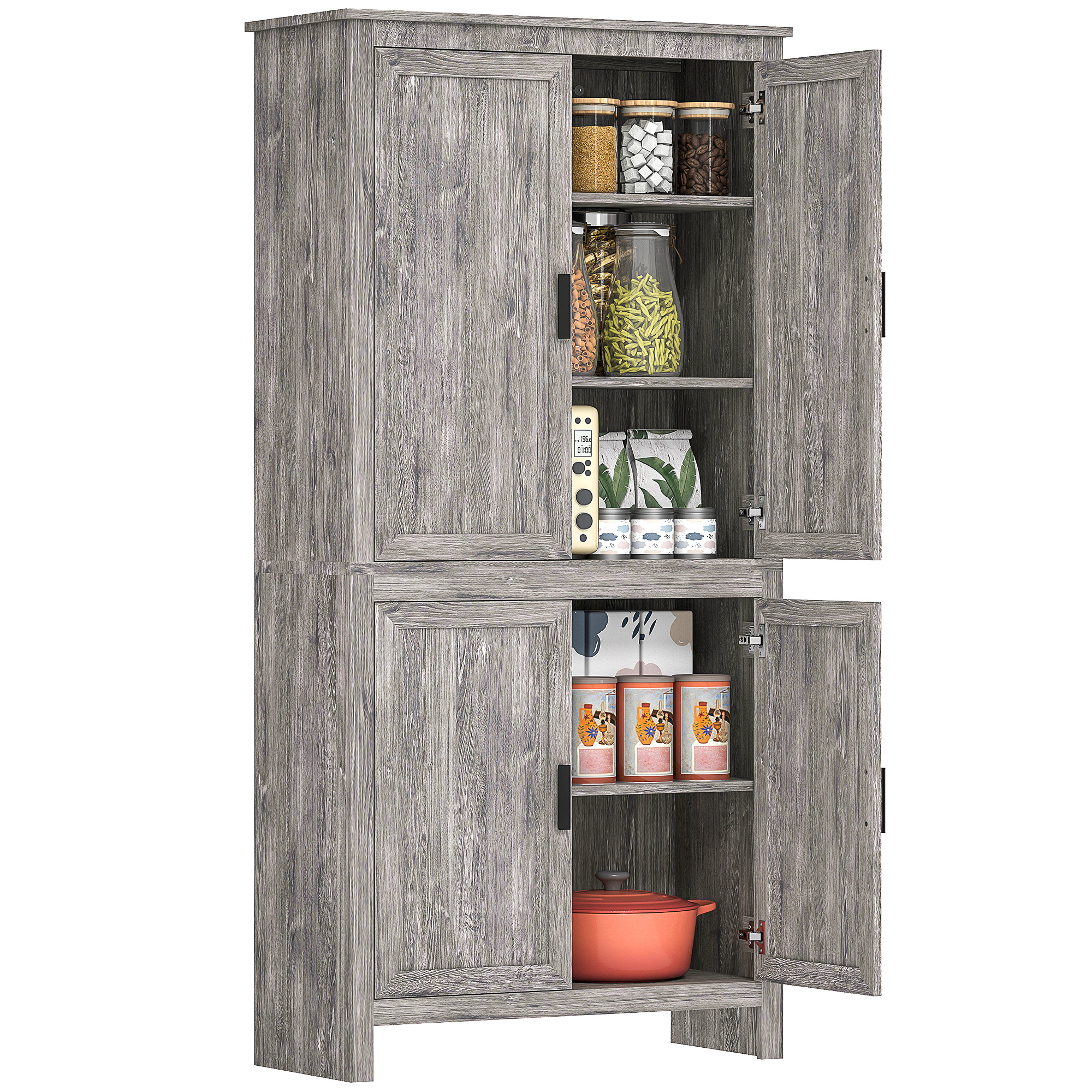 64" 4-Door Kitchen Pantry, Freestanding Storage Cabinet with 3 Adjustable Shelves for Kitchen, Gray Oak