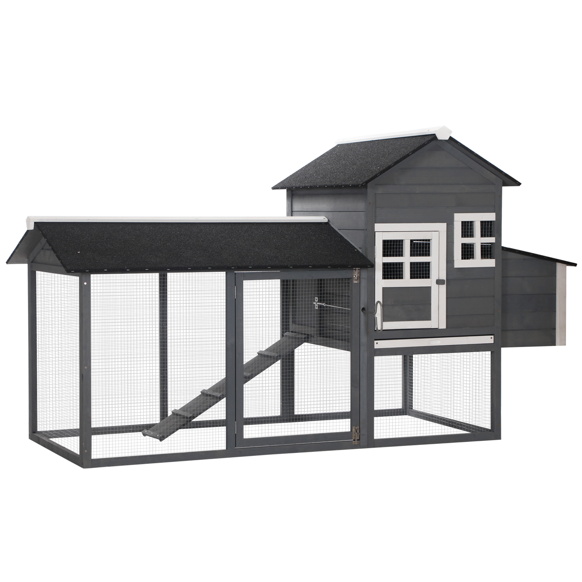 84" Wooden Chicken Coop, Hen House Outdoor with Run Nesting Box, Asphalt Roof, Removable Tray, Ramp, Poultry Cage for 2-3 Chickens, Gray