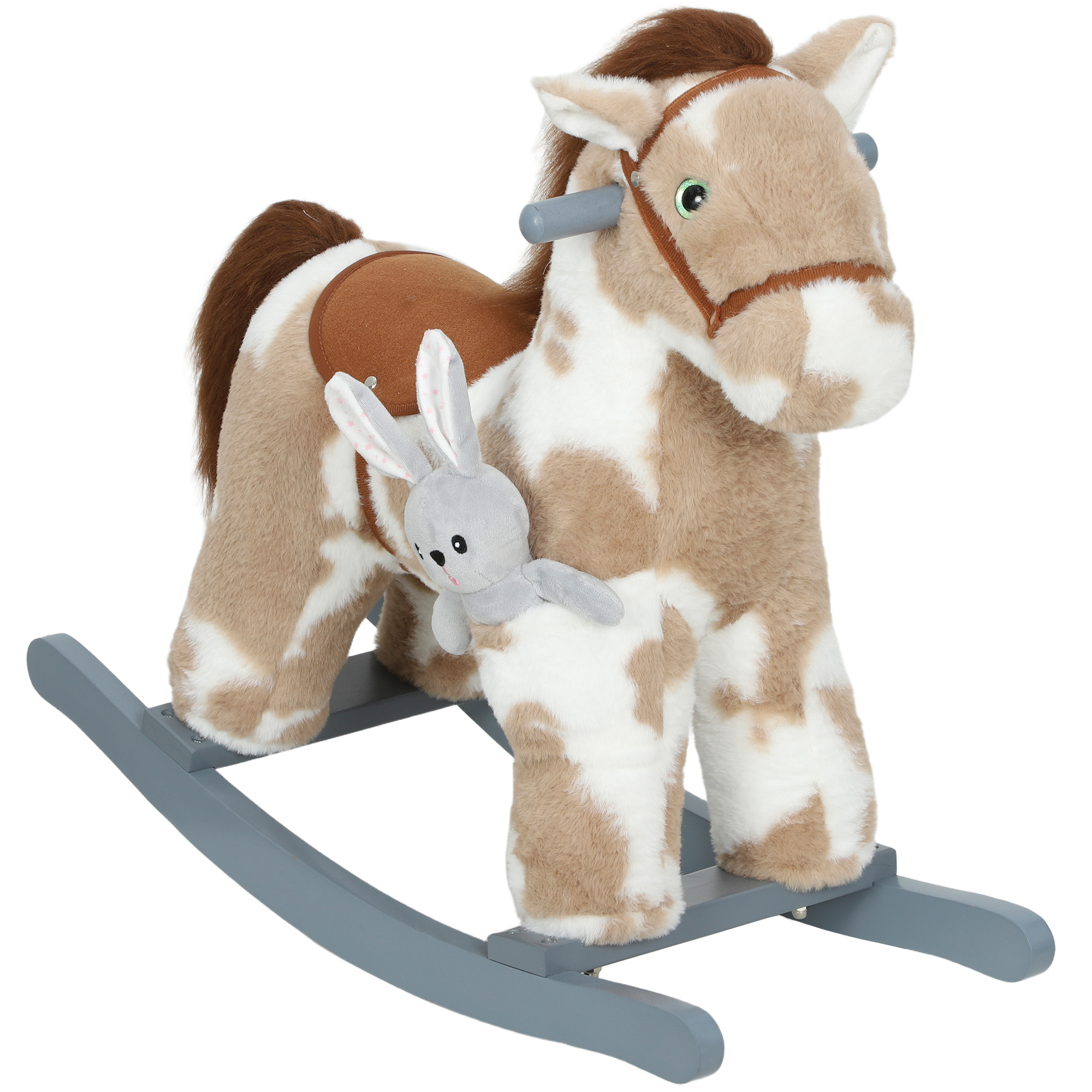 Rocking Horse, Kids Plush Horse Rocker with Rabbit Toy and Realistic Neigh for Toddlers 2–5 Years Old, Brown