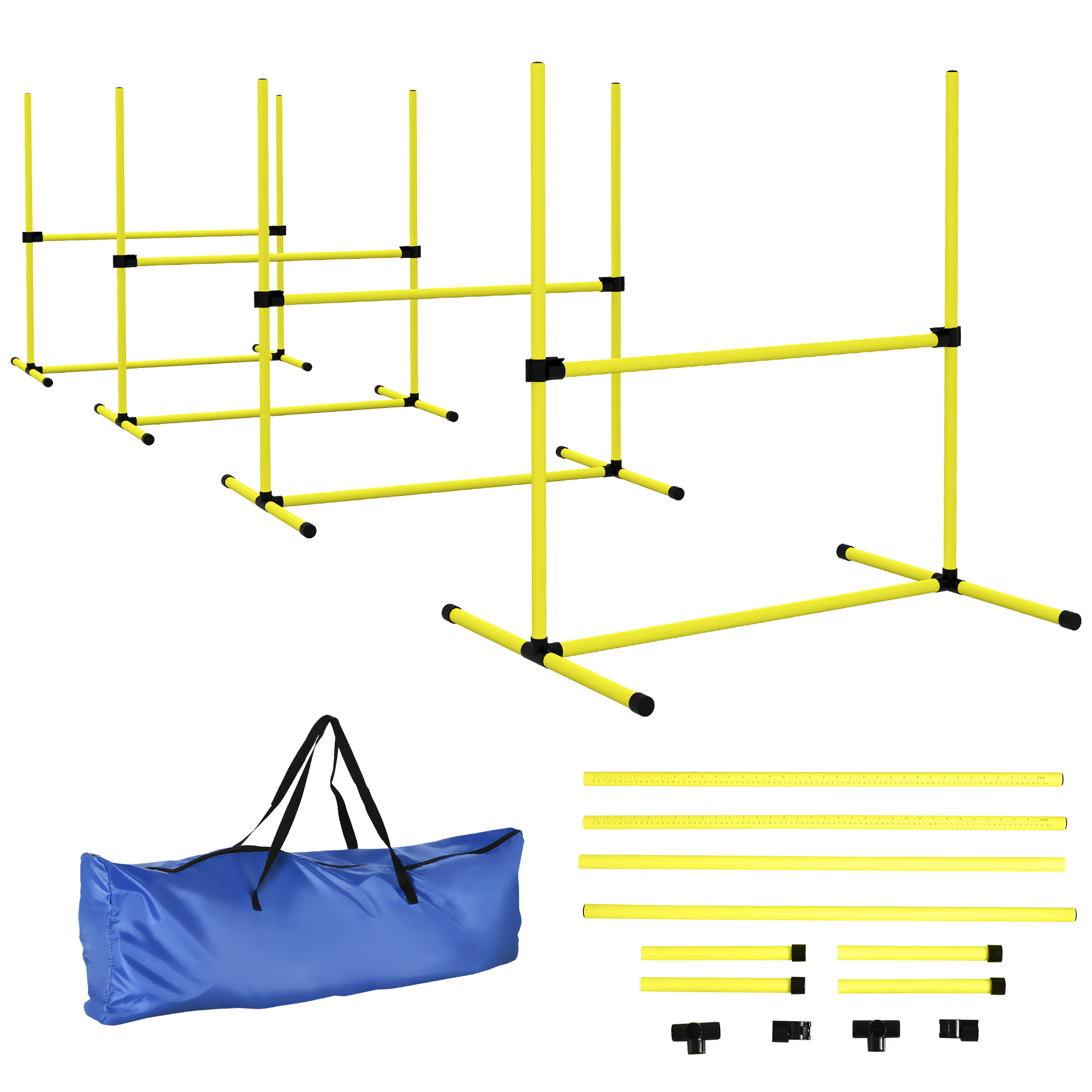 4 Piece Dog Agility Set with Adjustable Height Jump Bars, Carry Bag, Displacing Top Bar, Yellow Yellow