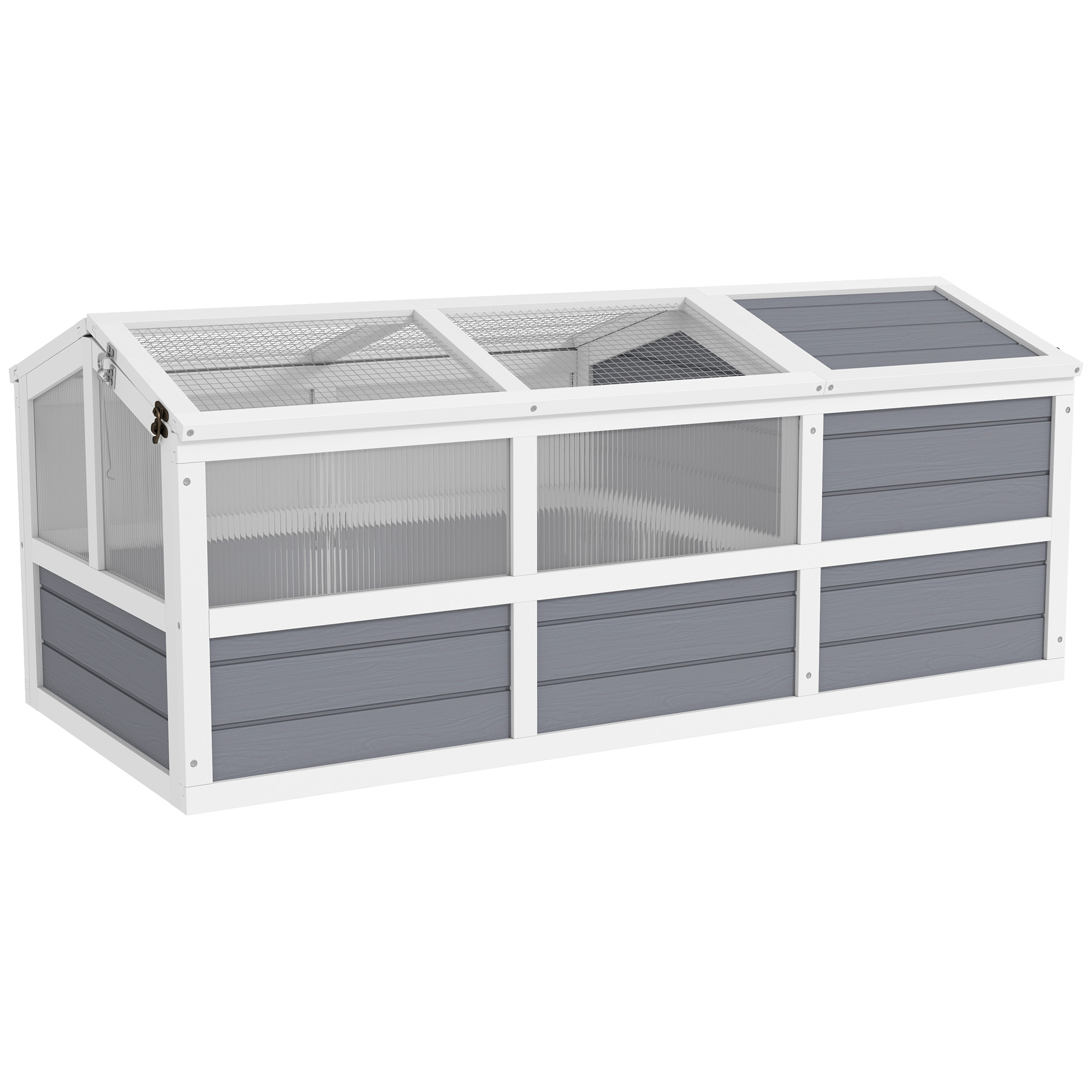 Wooden Tortoise Habitat Outdoor w/ Bottomless Design, Doors, PC Sun Panel Windows, for Small Animals, Rabbit, Light Gray