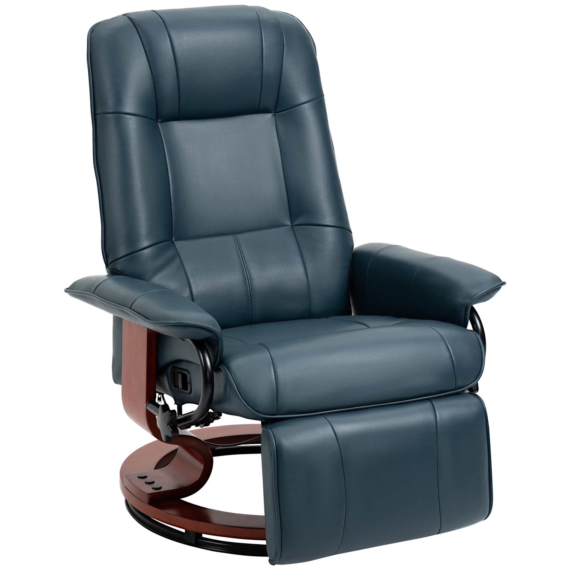 Air Leather Manual Recliner, Adjustable Swivel Lounge Chair with Footrest, Armrest and Wrapped Wood Base, Blue