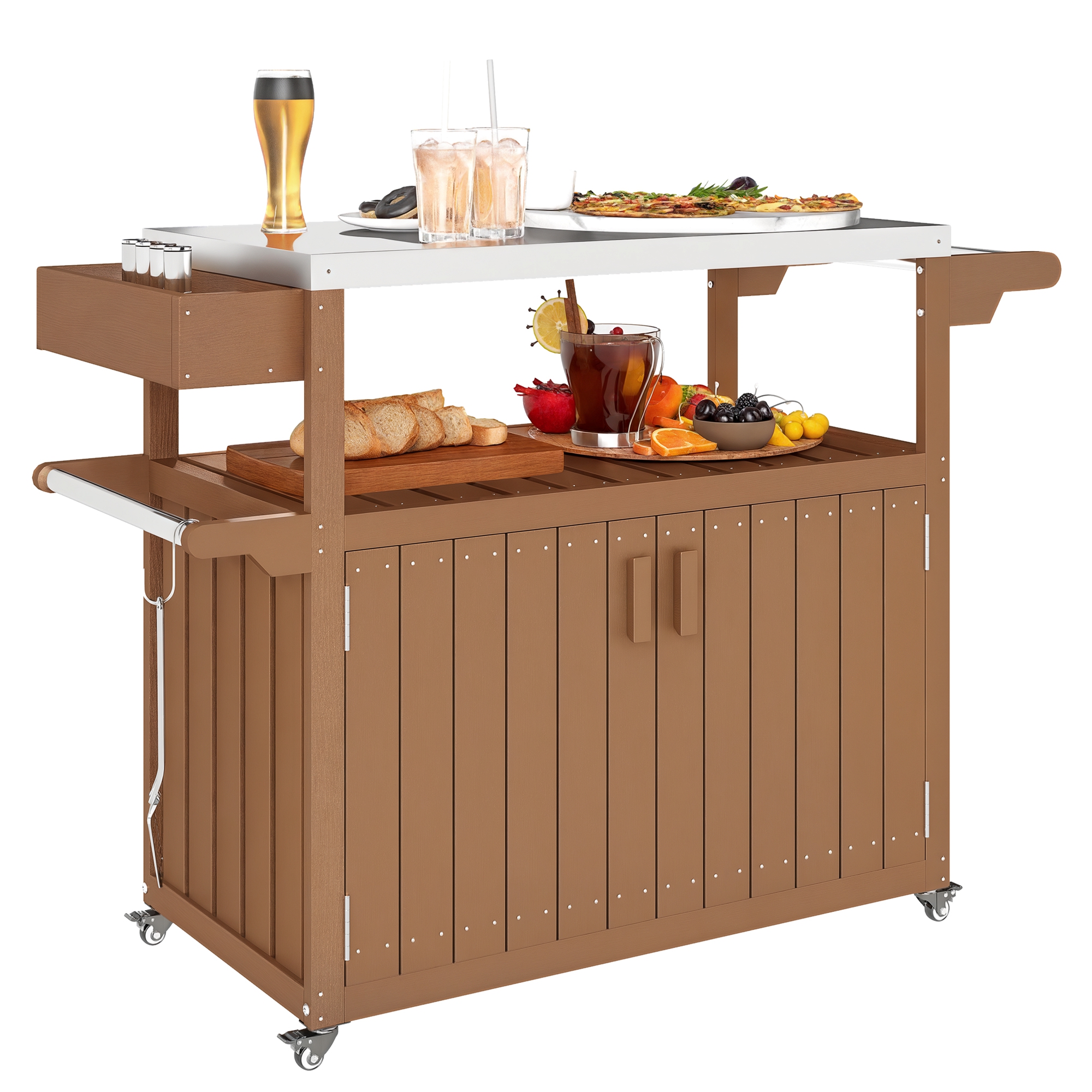 Outdoor Bar Cart with Storage, Stainless Steel Outdoor Bar Table Top, Wheeled HDPE Kitchen Island for Food Prep, Brown