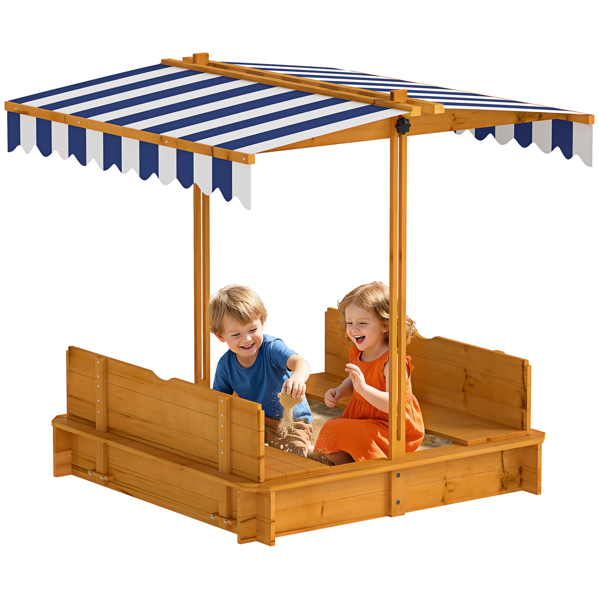 Wooden Kids Sandbox with Cover, Children Outdoor Sand Box with Foldable Bench Seats and Adjustable Canopy, Brown