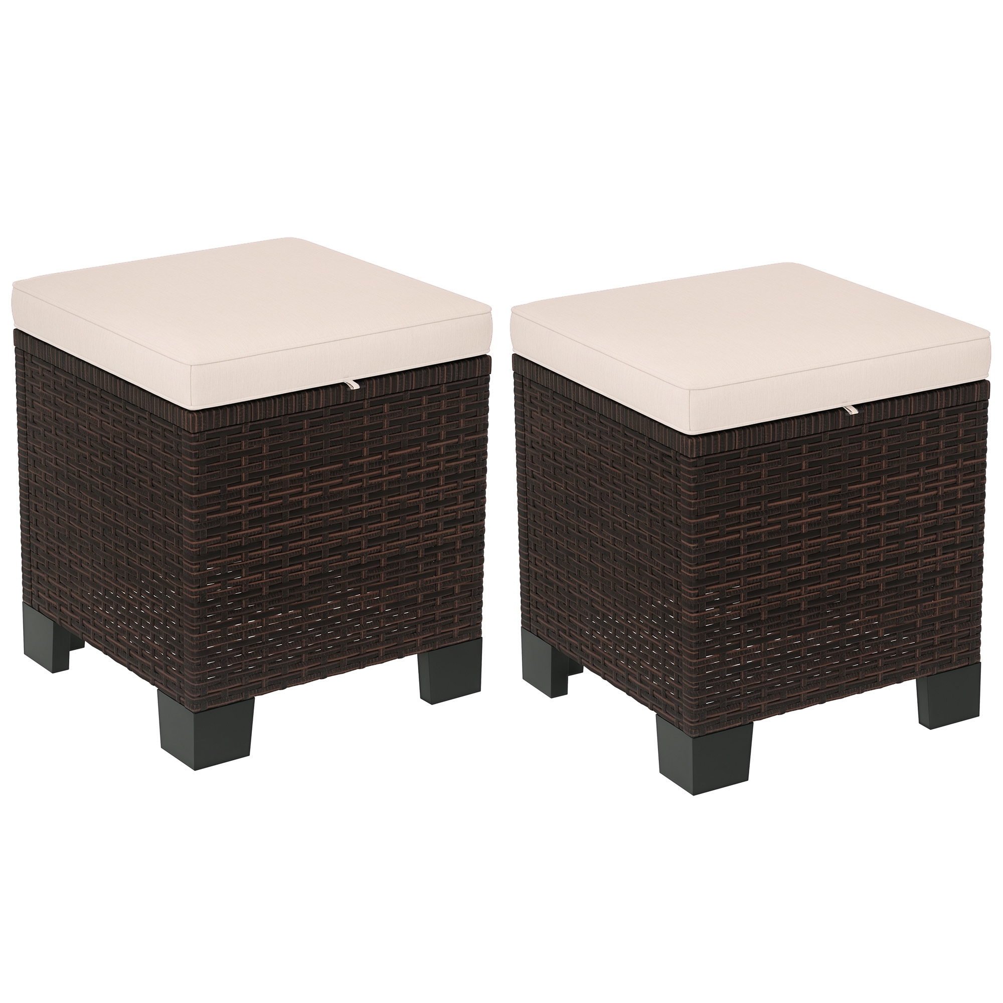 2 Piece Wicker Outdoor Ottomans with Cushions, Rattan Ottoman Footrest and Side Table for Patio, Yard, Poolside, Cream