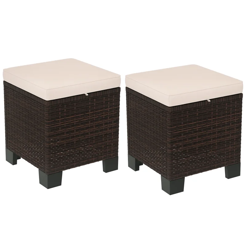 2 Piece Wicker Outdoor Ottomans with Cushions, Rattan Ottoman Footrest and Side Table for Patio, Yard, Poolside, Cream