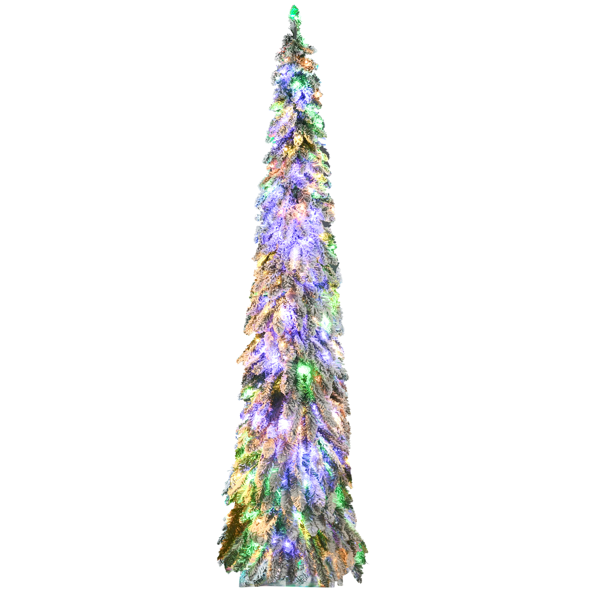 7' Artificial Slim Christmas Trees, with Snow Frosted Branches, Warm White or Colorful LED Lights, Downswept Shape