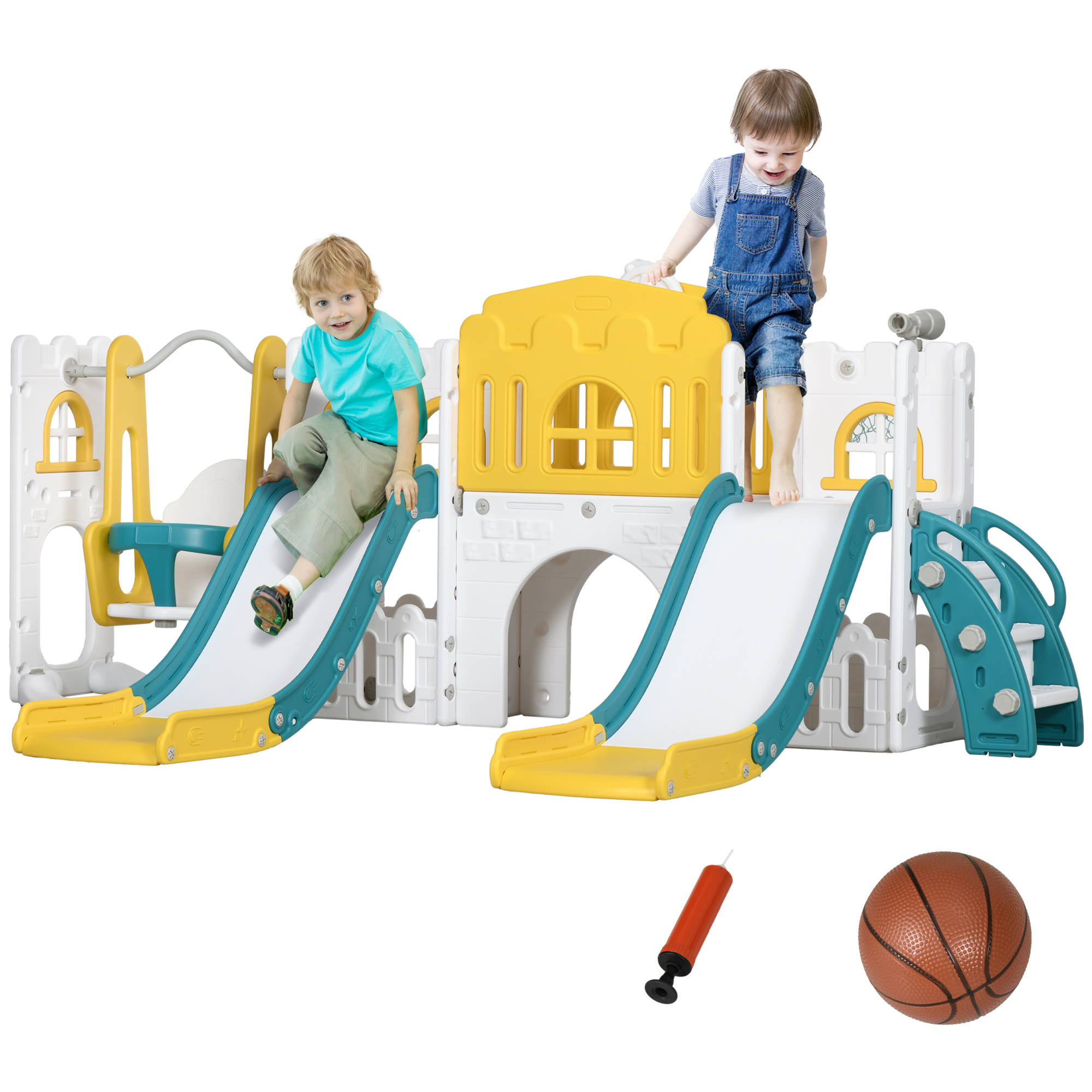 8 in 1 Toddler Slide and Swing Set w/ 2 Slides, Basketball Hoop, Climber, Storage Space Telescope, Yellow