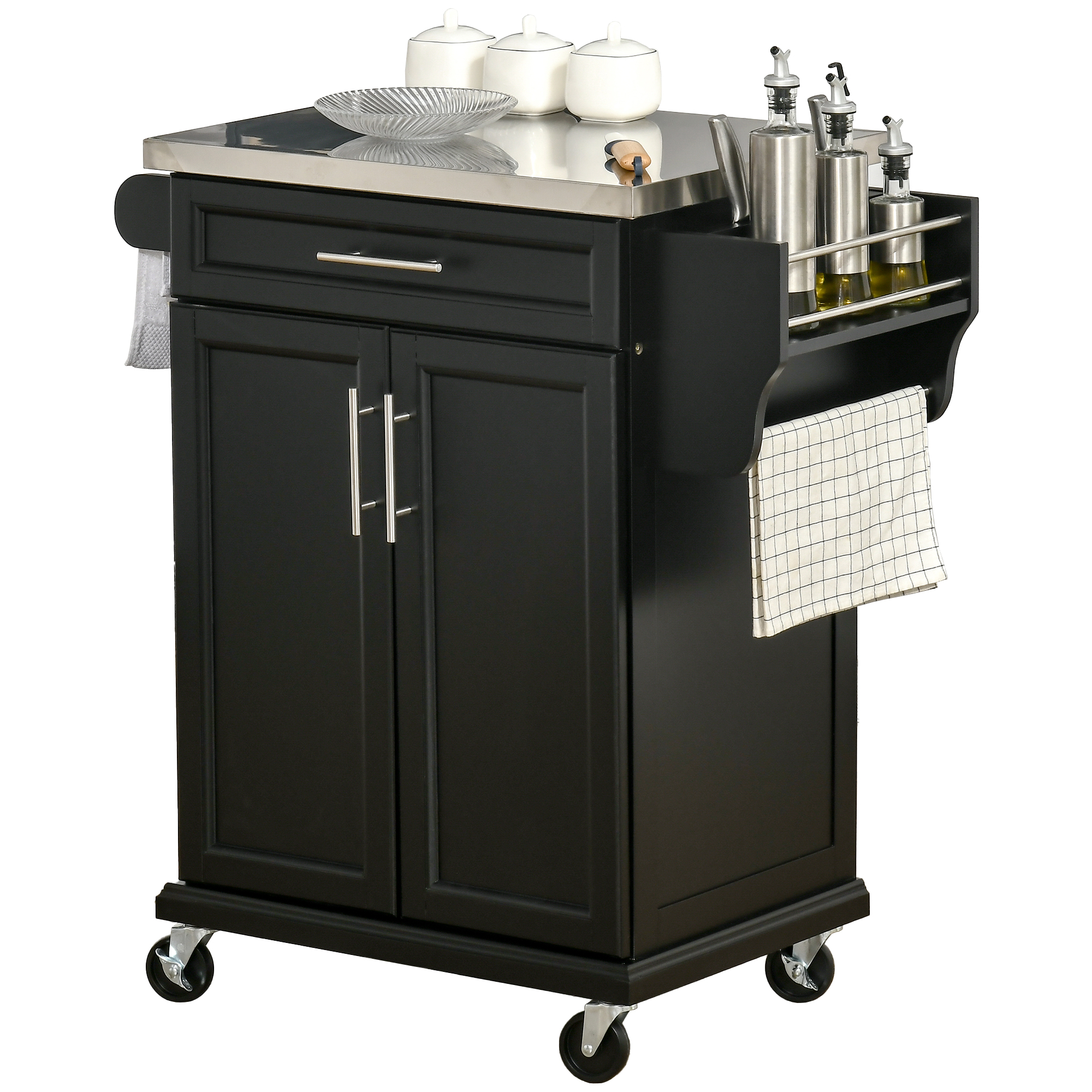 Kitchen Island on Wheels, Rolling Kitchen Cart with Stainless Steel Countertop, Drawer, Towel Rack and Spice Rack, Utility Storage Trolley, Black