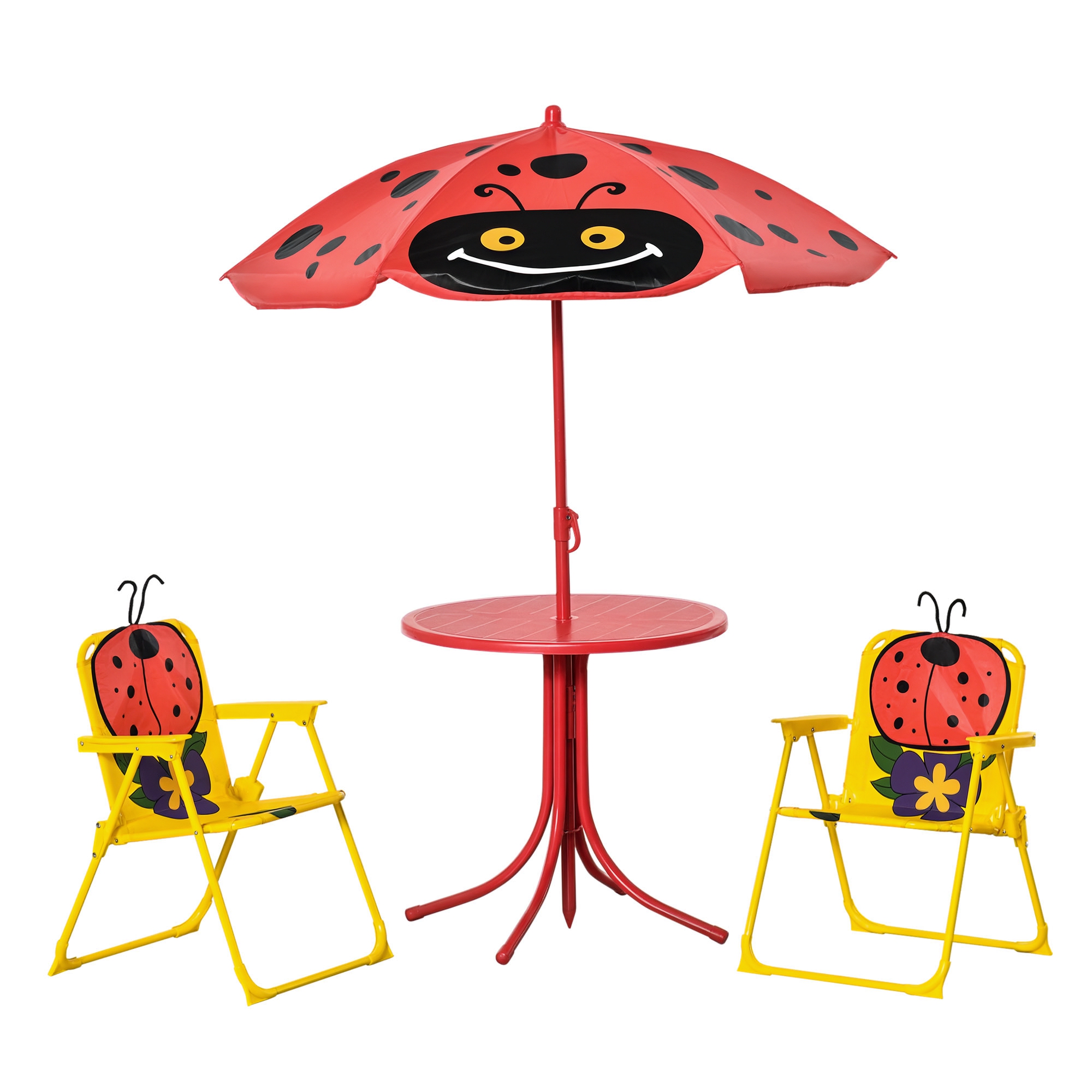  Kids Table and Chair Set, Outdoor Folding Garden Furniture, Picnic Table for Patio Backyard, with Removable & Height Adjustable Sun Umbrella, Aged 3-6 Years Old, Red
