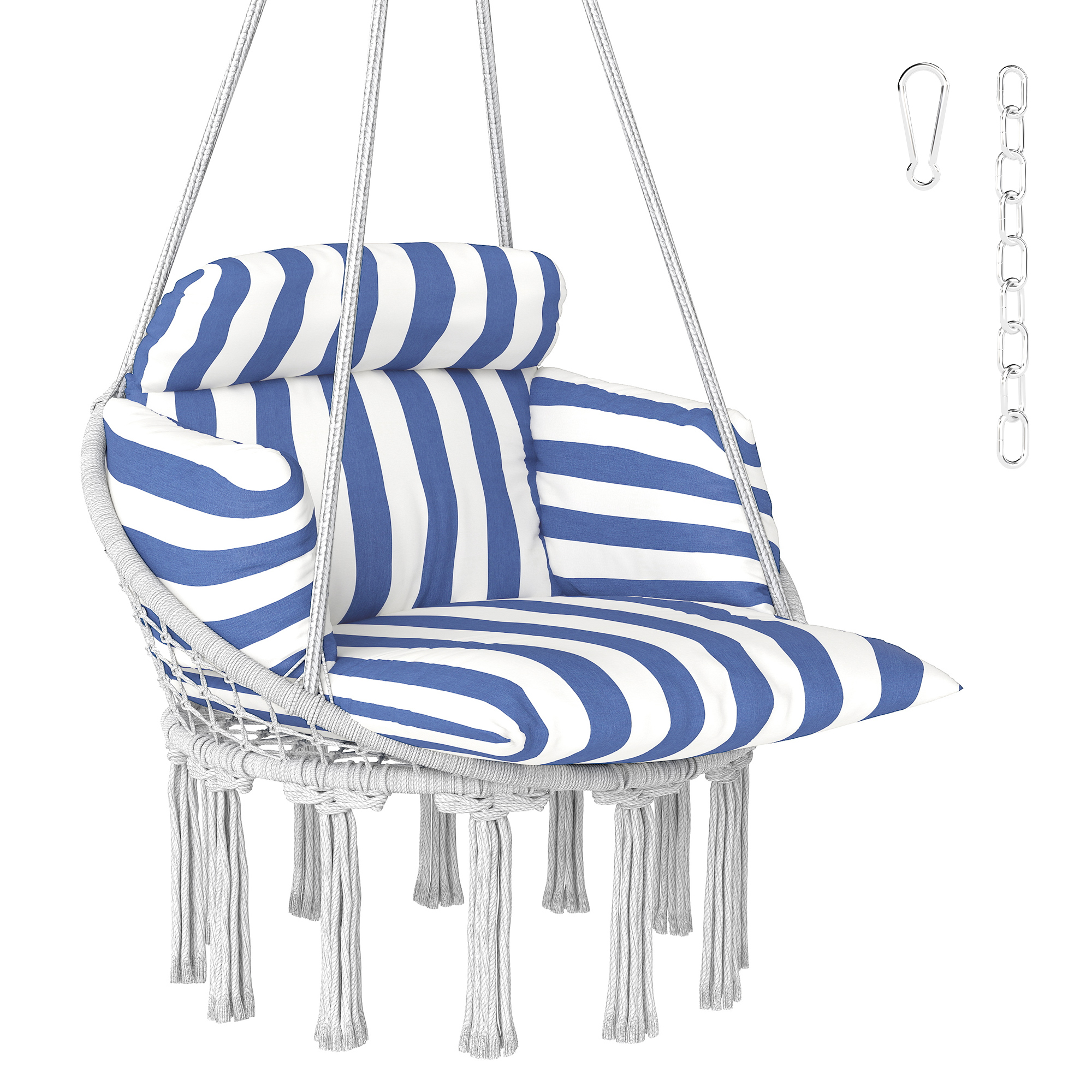 Hammock Swing Chair, Macrame Hanging Chair with Large Cushion, Chain, Steel Frame for Indoor Outdoor Use, Blue and White