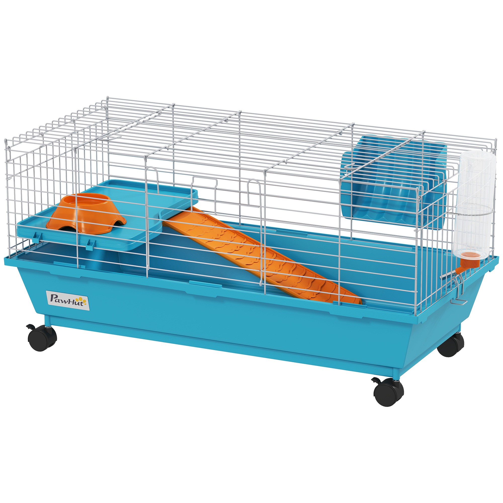 35"L Small Animal Cage, Rolling Bunny Cage, Guinea Pig Cage with Wheels, Food Dish, Water Bottle, Hay Feeder, Blue