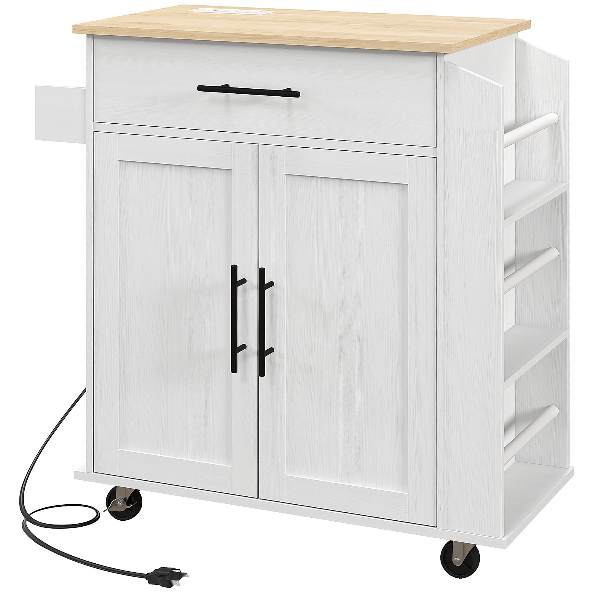 Rolling Island with Wheels for Kitchen, Kitchen Island on Rollers with Power Outlets, Drawer, and Doors, White