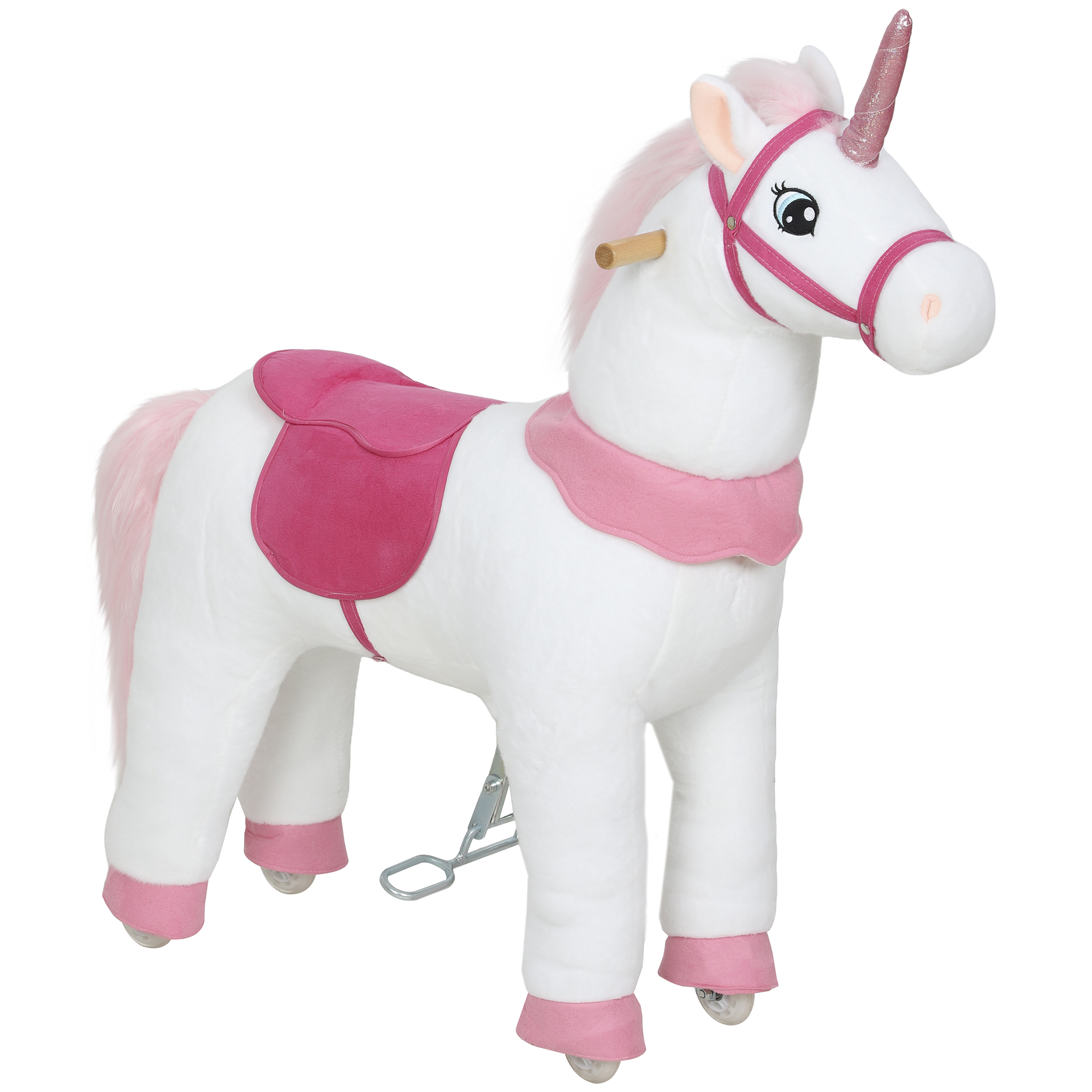 Qaba Ride on Unicorn Toy for Kids 4-7 Years, 37.8 Inch Plush Baby Rocking Horse with Wheels, No Battery Required, White