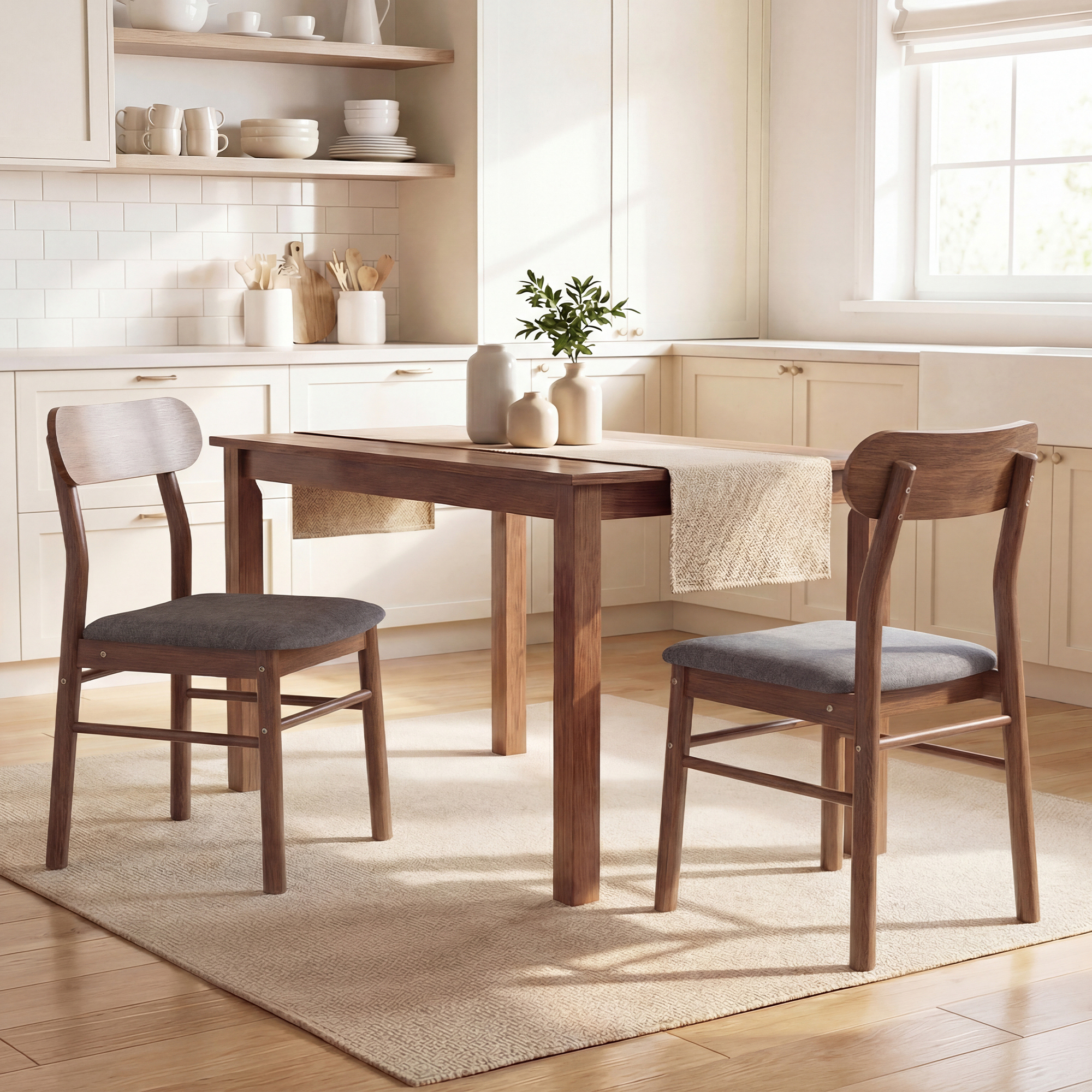 Set of 2 Dining Chairs, Upholstered Dining Room Chairs with Rubberwood Legs and Padded Seat for Kitchen, Gray