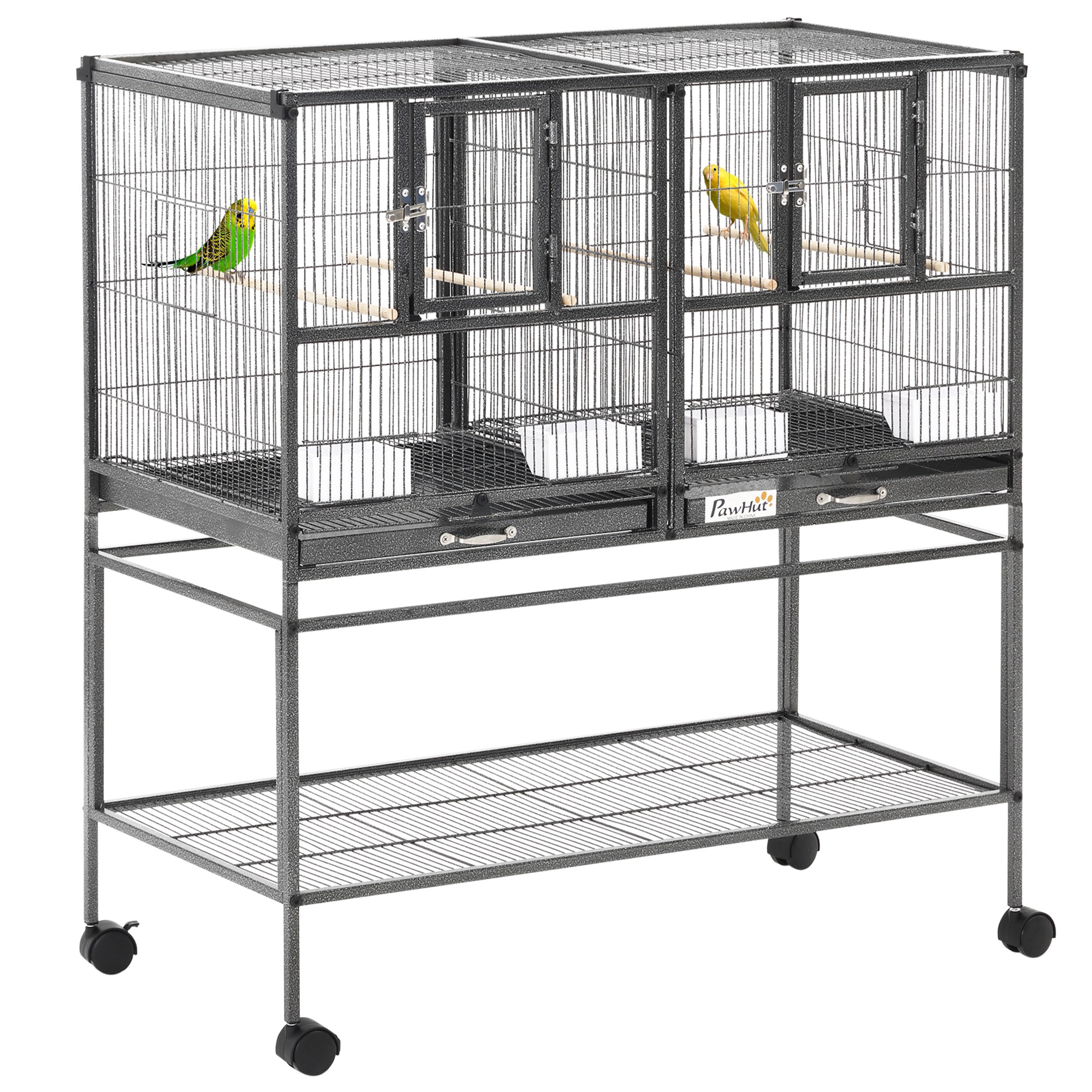 Divided Breeder Bird Cage with Rolling Stand Removable Metal Tray, Storage Shelf, Wood Perch, and Food Container