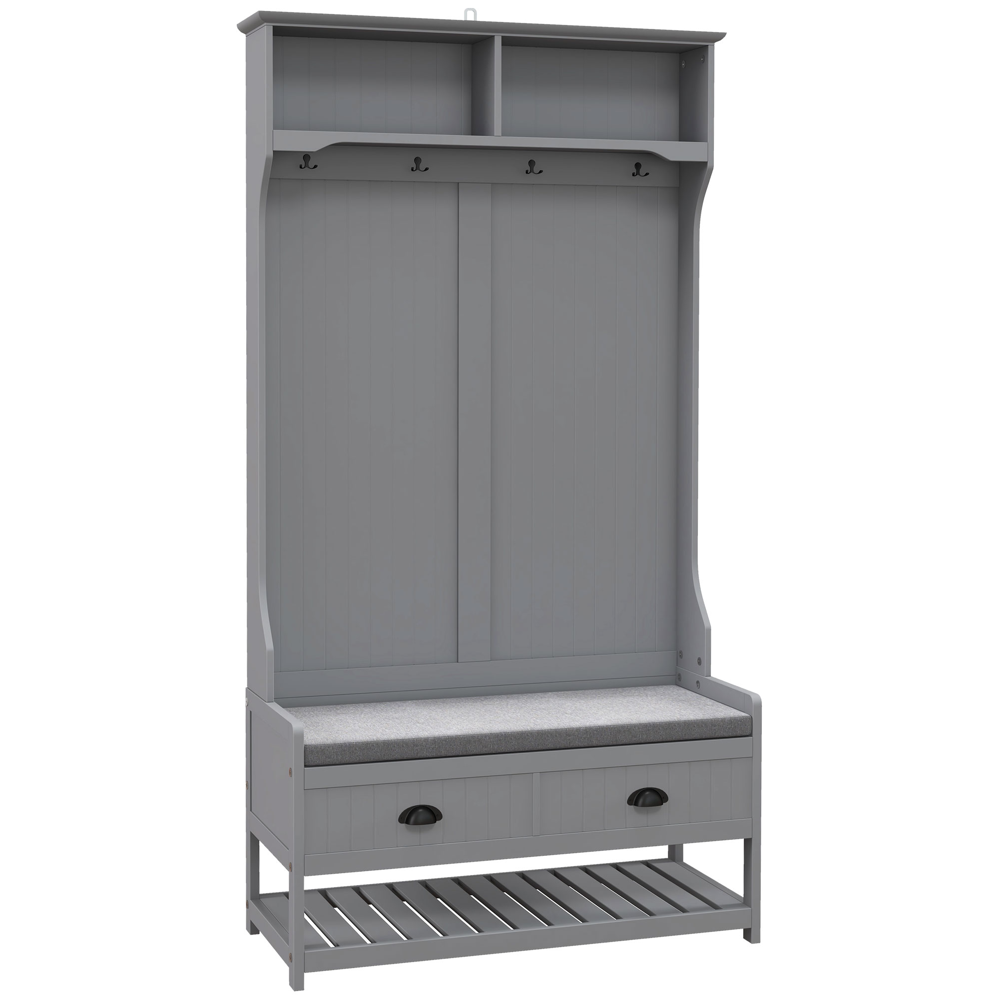 3-in-1 Hall Tree, Entryway Bench with Coat Rack, Mudroom Bench with Shoe Rack, 2 Storage Drawers, 4 Hooks and Padded Seat Cushions for Hallway, Gray