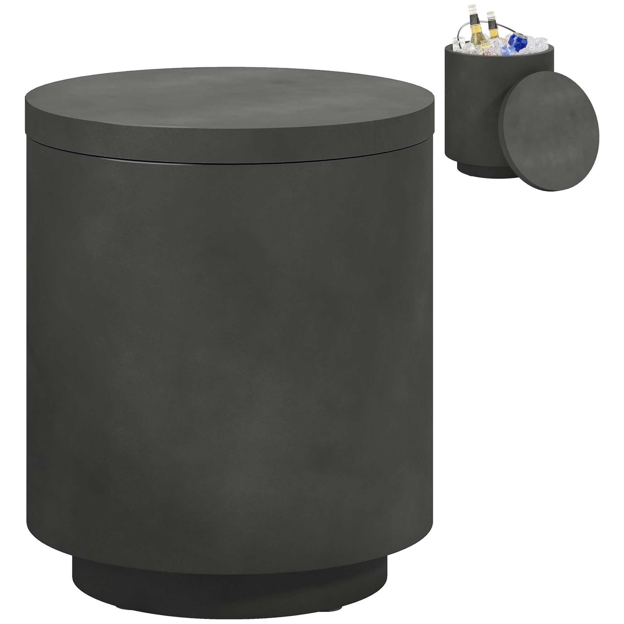 2.6 Gal Outdoor Side Table, 3-In-1 Concrete Cooler Bar Table with Storage, Removable Ice Bucket and Lid, Charcoal Gray