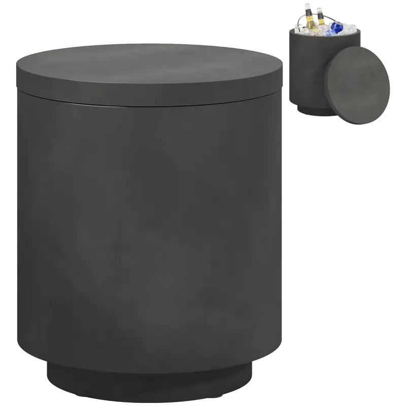 2.6 Gal Outdoor Side Table, 3-In-1 Concrete Cooler Bar Table with Storage, Removable Ice Bucket and Lid, Charcoal Gray