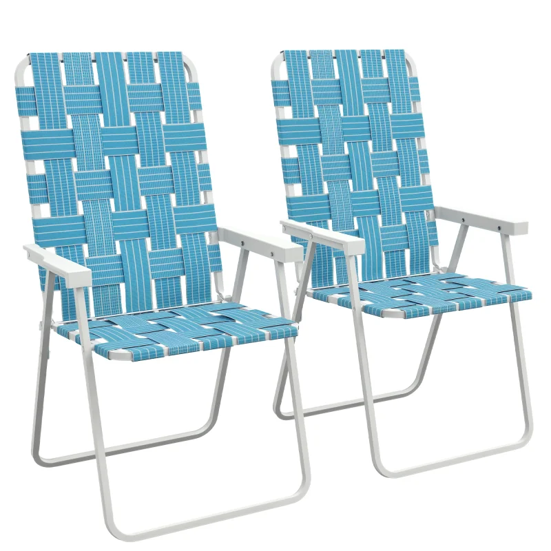 Set of 2 Patio Folding Chairs, Classic Outdoor Camping Chairs, Portable Lawn Chairs w/ Armrests, Blue