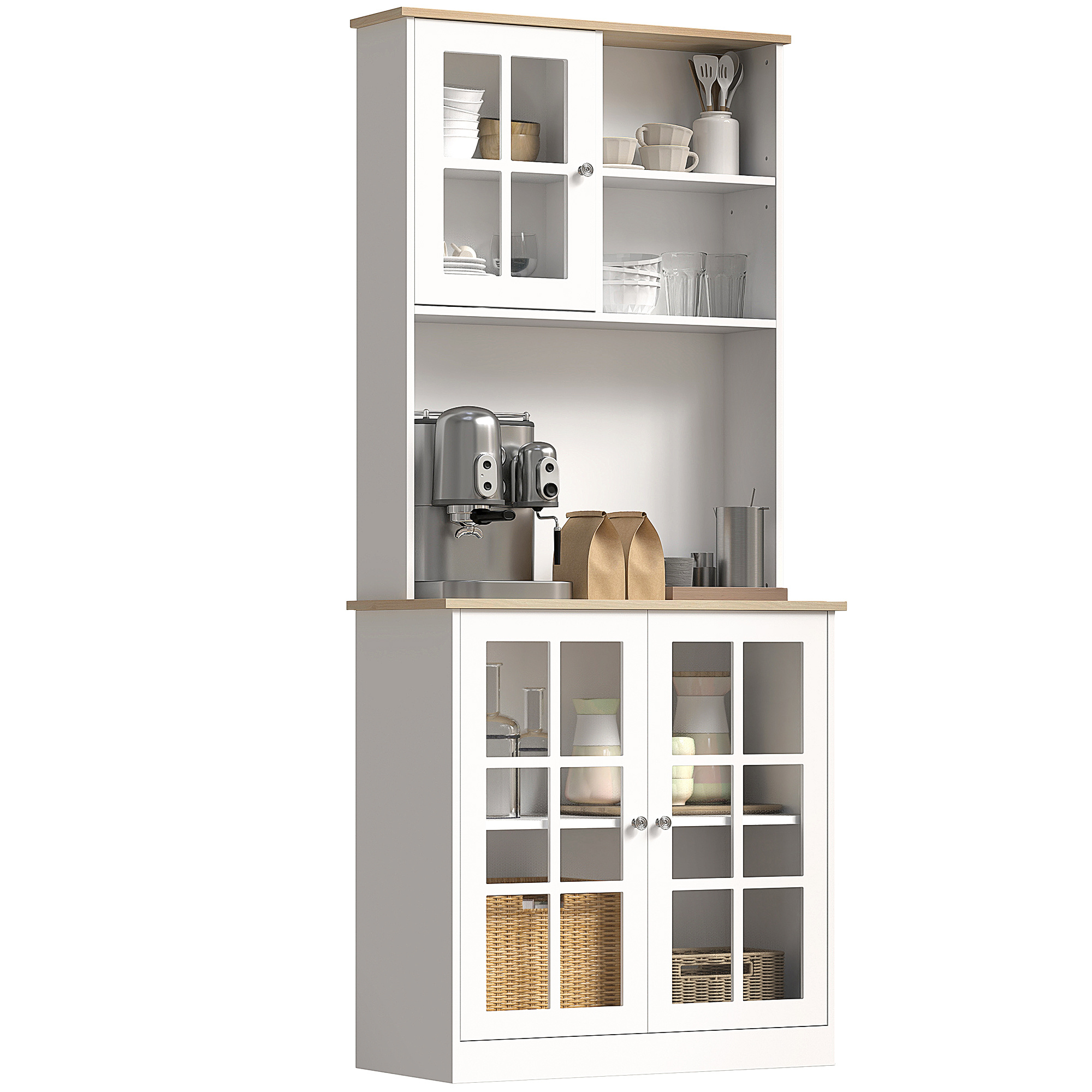 Kitchen Pantry Cabinet, 72" Freestanding Storage Cabinet with Hutch, Large Countertop, Glass Doors and Adjustable Shelves, Microwave Cabinet, Coffee Bar Cabinet for Dining Room, White