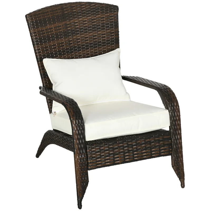 Patio Wicker Adirondack Chair, Outdoor All-Weather Rattan Fire Pit Chair w/ Soft Cushions, Tall Curved Backrest