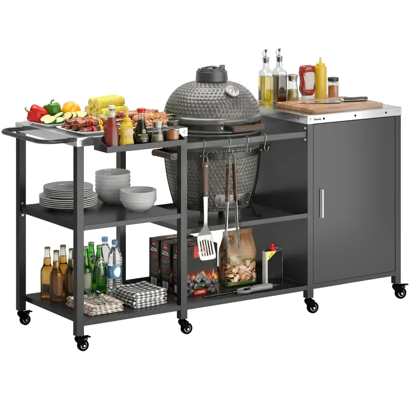 Grill Table for Big Green Egg Grill, Heavy Duty Metal BBQ Prep Table with Stainless Steel Top and Storage Cabinet, Black