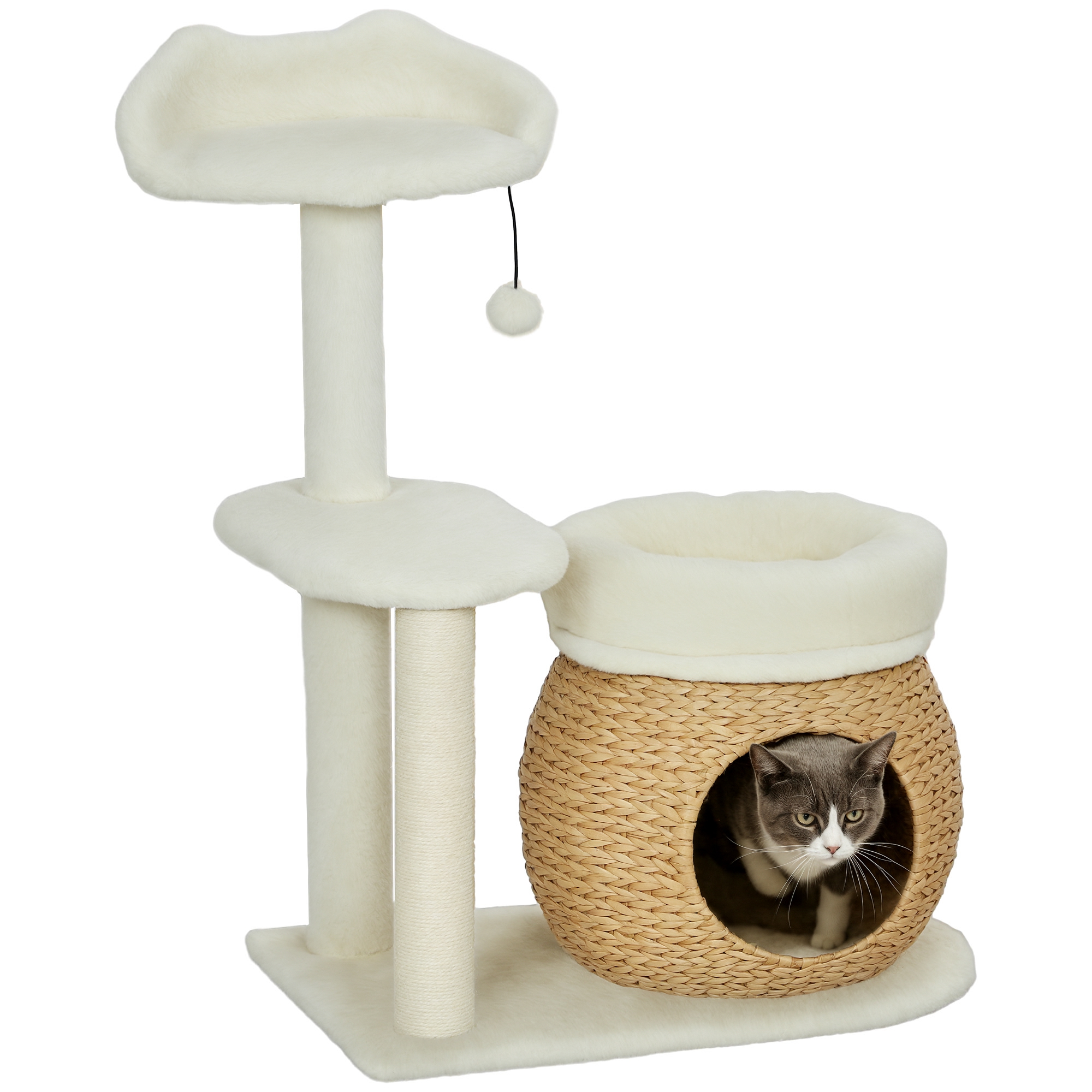 31" Cat Tree Tower with Scratching Posts, Cat Condo, Beds, Platform and Toy Ball for Indoor Cats, Cream White