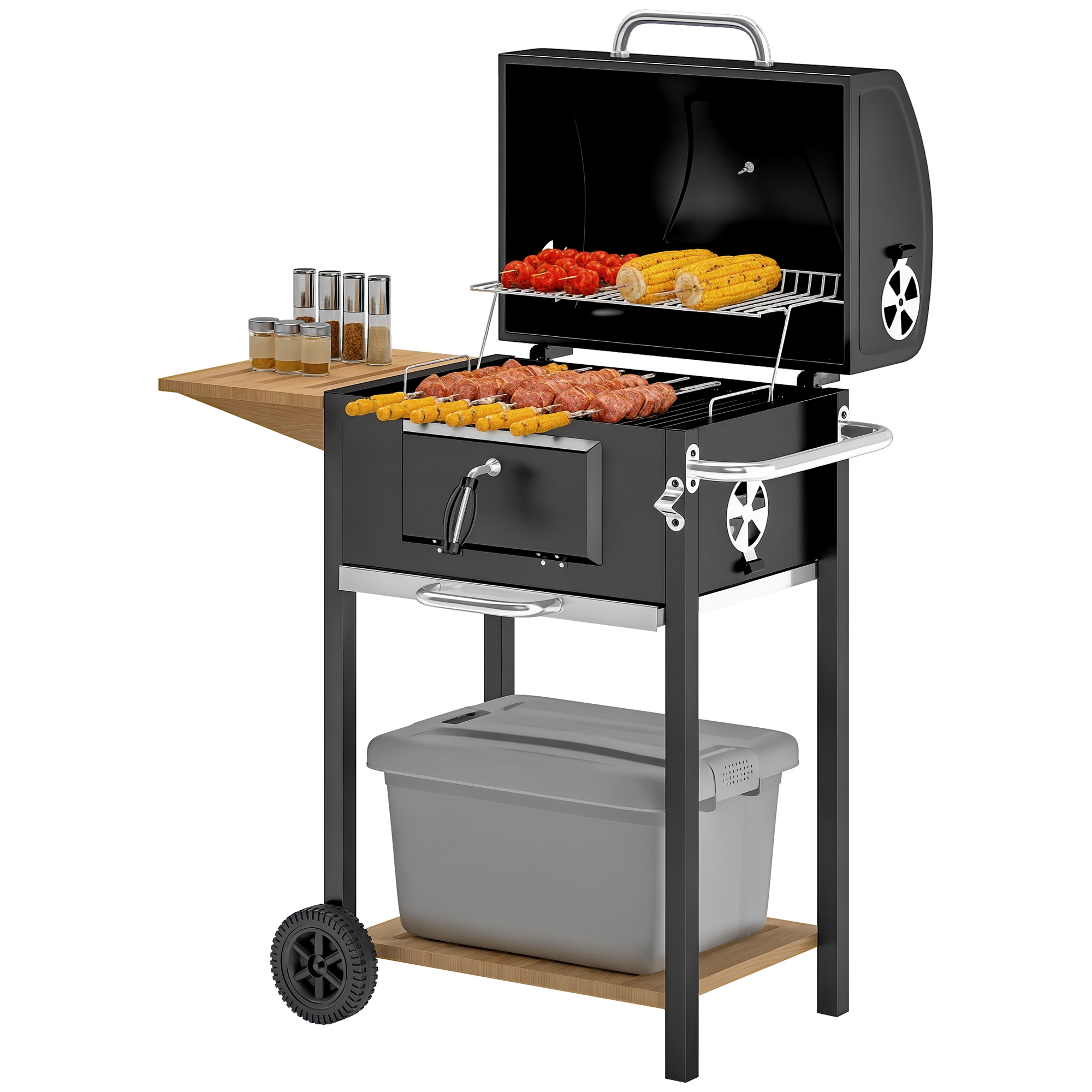 Charcoal BBQ Grill, Outdoor Portable Cooker for Camping or Backyard Picnic, Barbecue Grill with Side Table, Bottom Storage Shelf, Wheels and Handle, Black