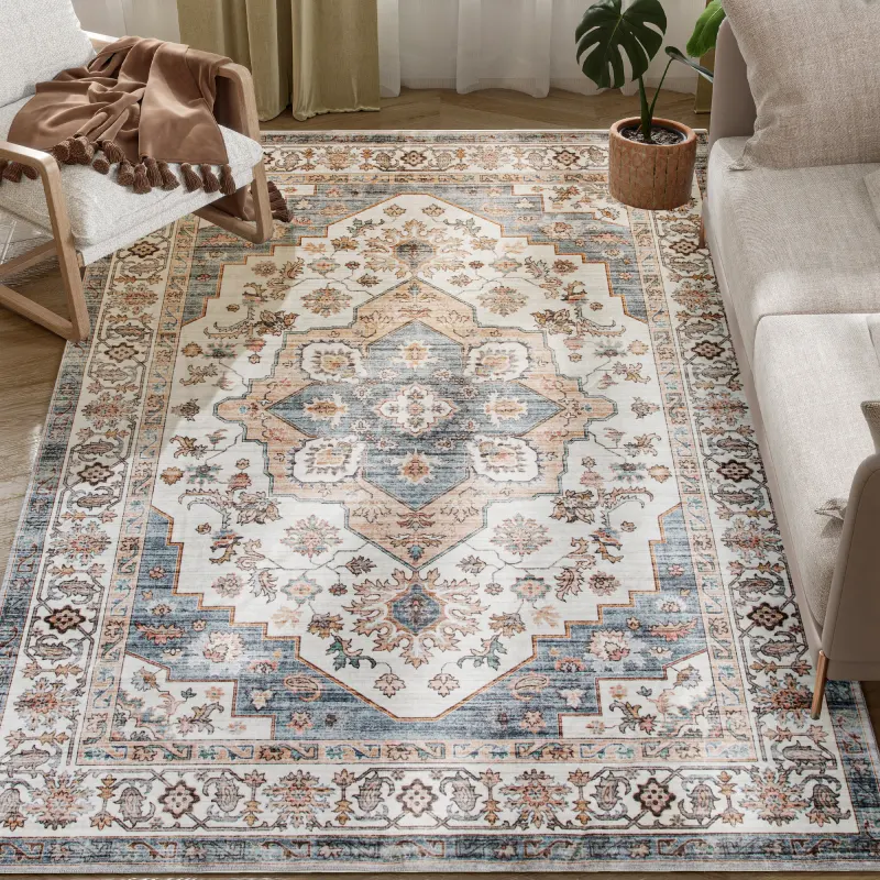 5x7 Area Rug, Vintage Machine Washable Rug, Non-Slip Carpet for Living Room, Bedroom, Dining Room, Brown & Light Blue