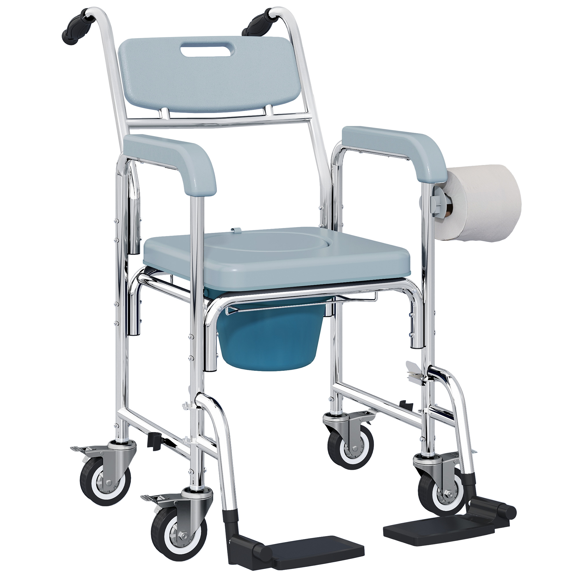 Rolling Shower Wheelchair for Seniors, Bedside Commode Chair with Locking Wheels, Seat, Backrest, Arms, Gray