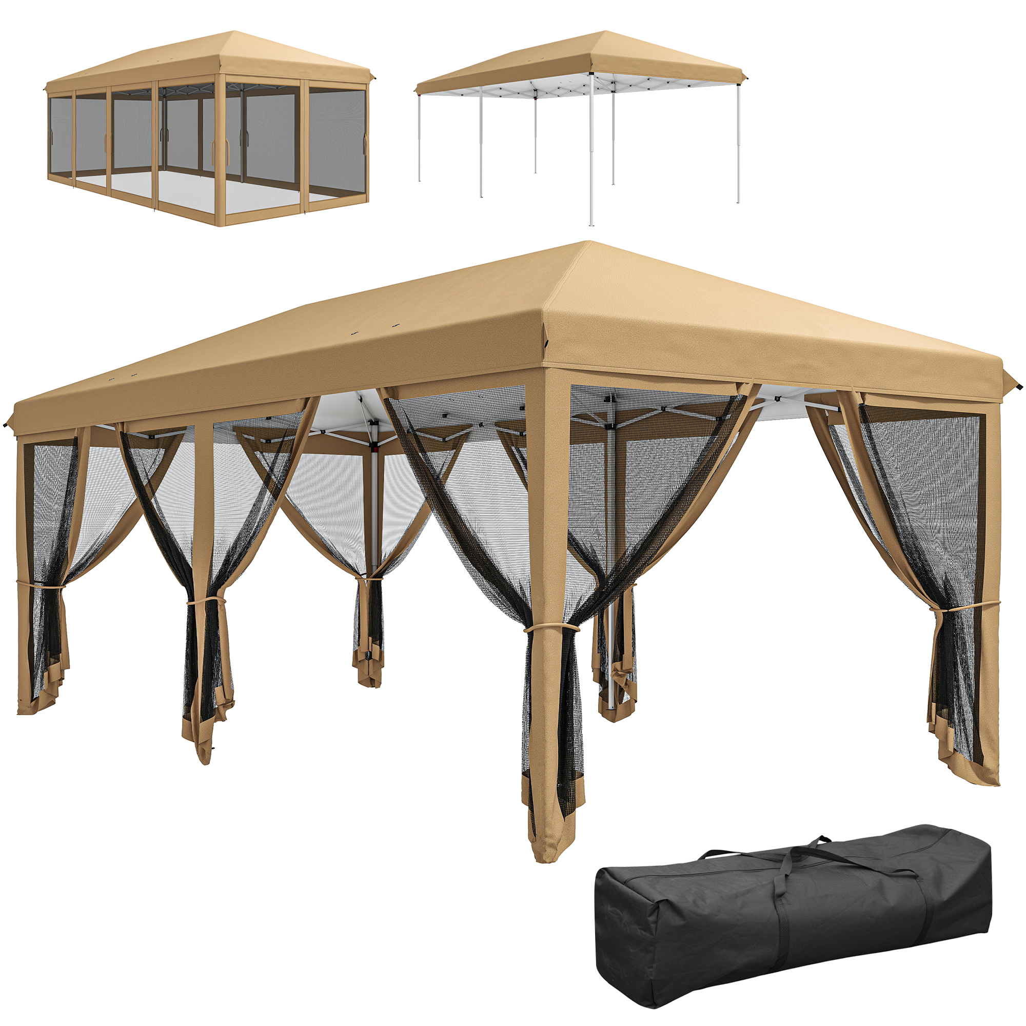 10' x 20' Pop Up Canopy Tent with Netting, Heavy Duty Instant Sun Shelter, Large Tents for Parties with Carry Bag for Outdoor, Garden, Patio, Beige