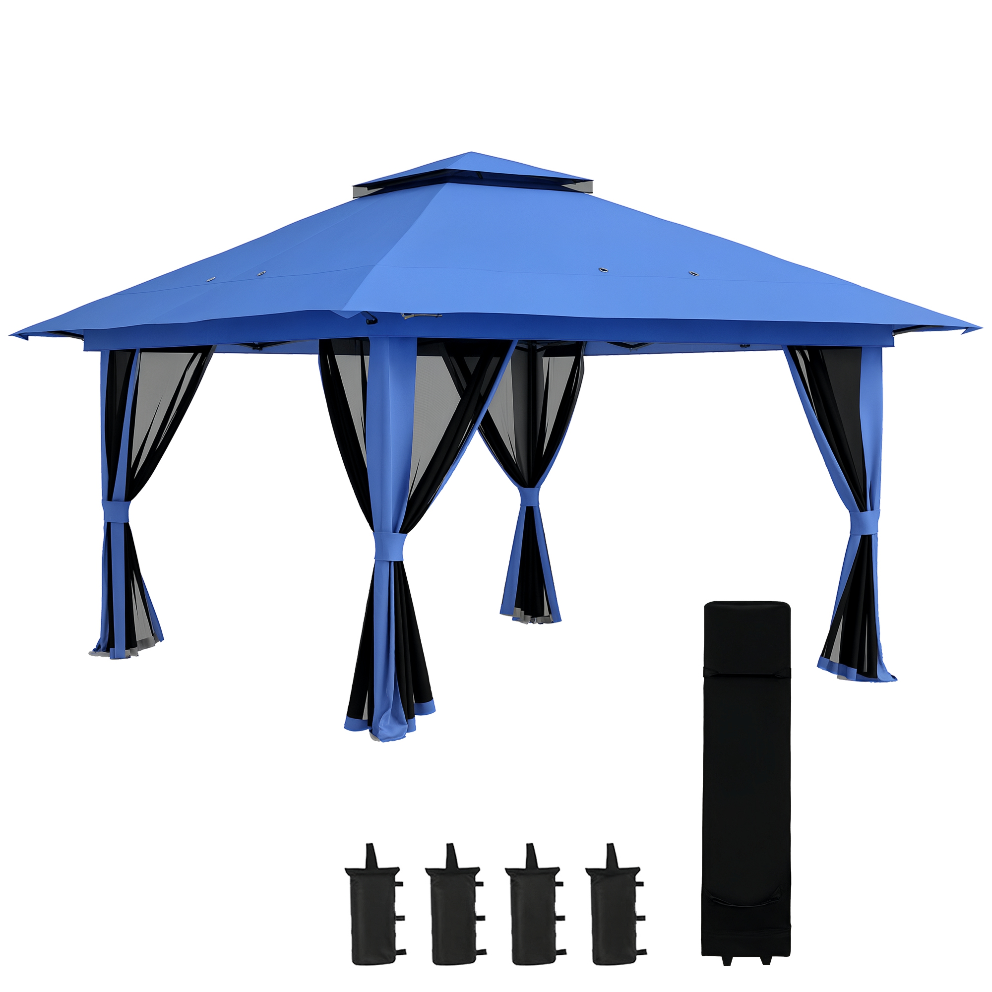 13' x 13' Pop Up Gazebo Instant Canopy Tent Shelter with 2-Tier Roof, Carry Bag, Wight Bags for Outdoor, Garden, Blue