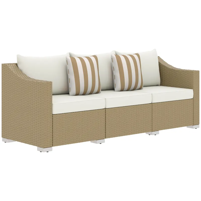 Rattan Wicker 3 Seater Patio Couch with Cushions, 2 Throw Pillows, Outdoor Furniture Rattan Sofa, Cream White