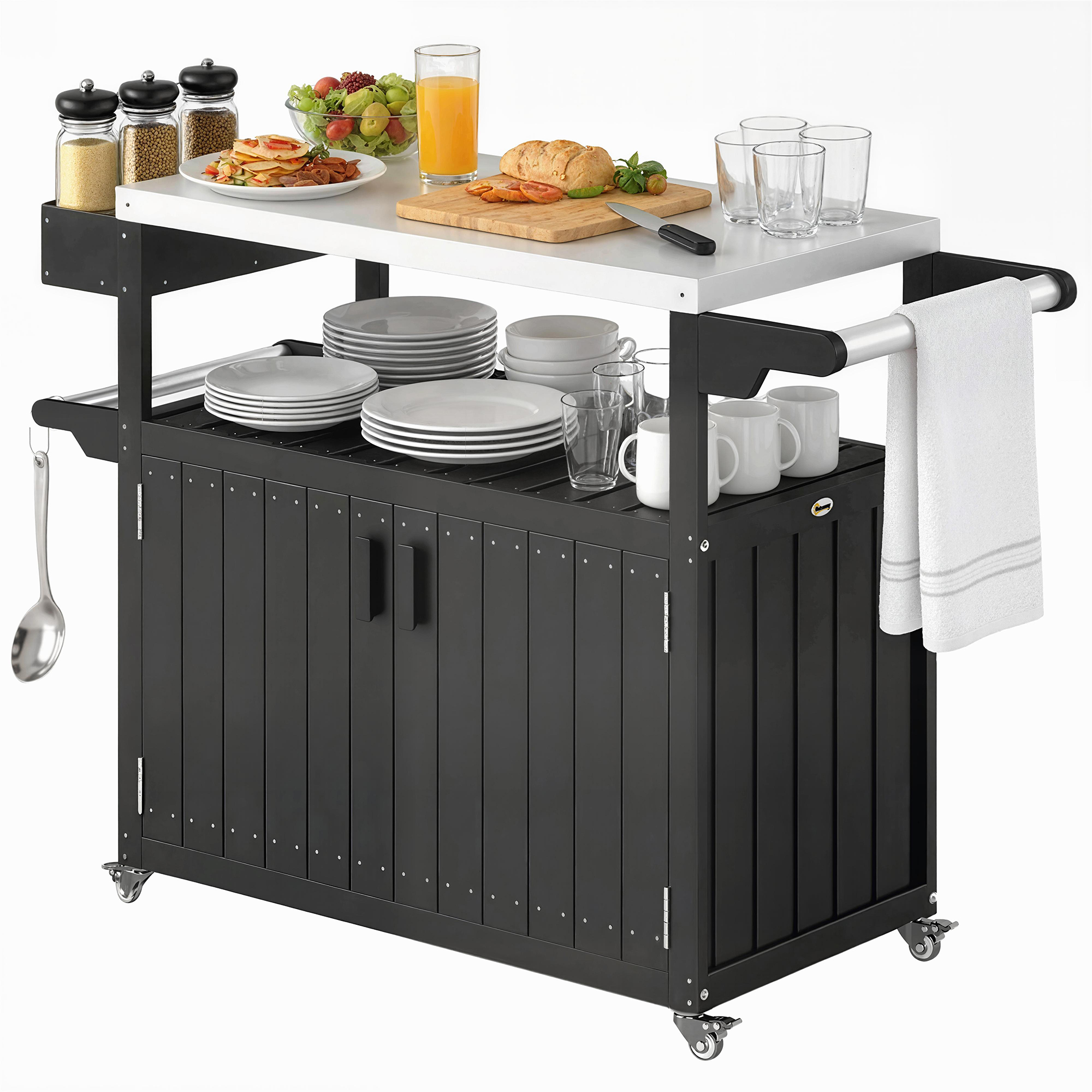 Outdoor Bar Cart with Storage, Stainless Steel Outdoor Bar Table Top, Wheeled HDPE Kitchen Island for Food Prep, Black