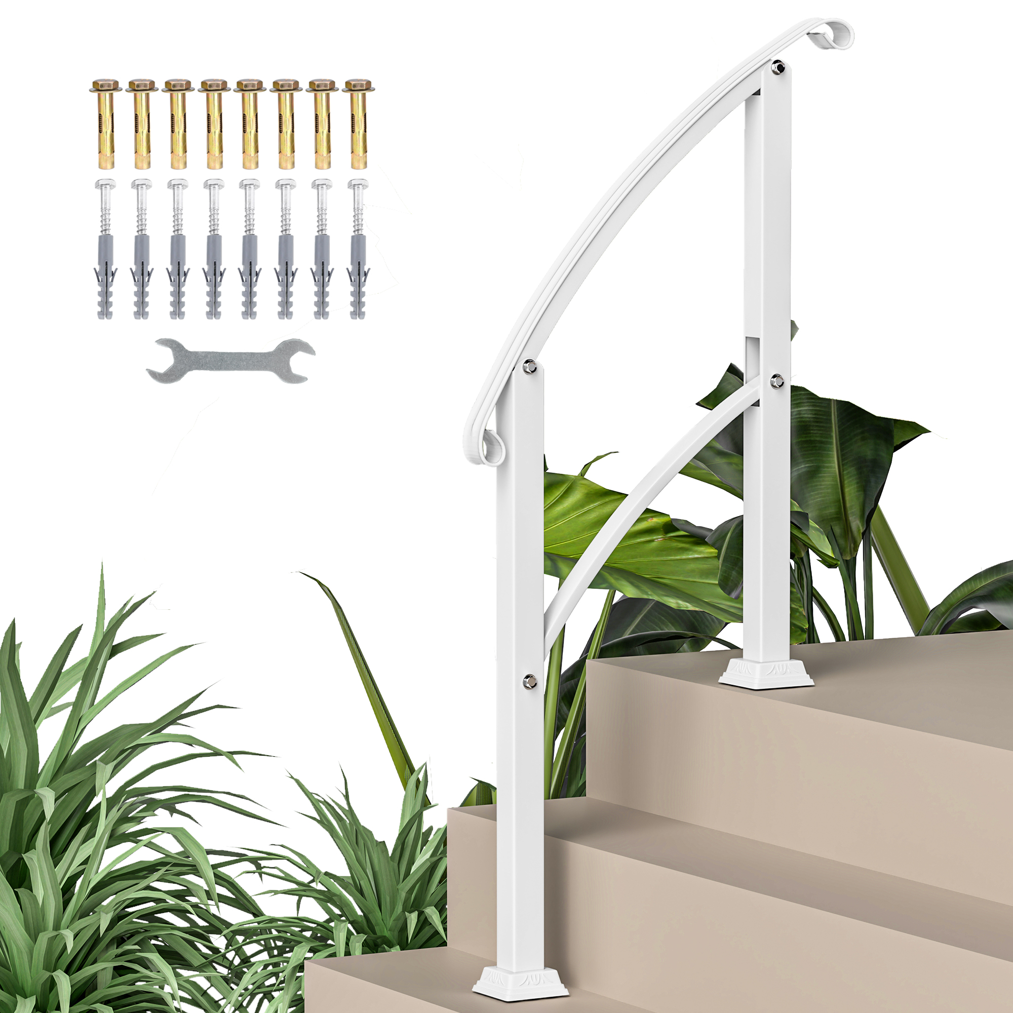 1-3 Step Metal Handrails for Outdoor Steps, Porch Deck Stair Railing with Installation Kit for Concrete Steps, White