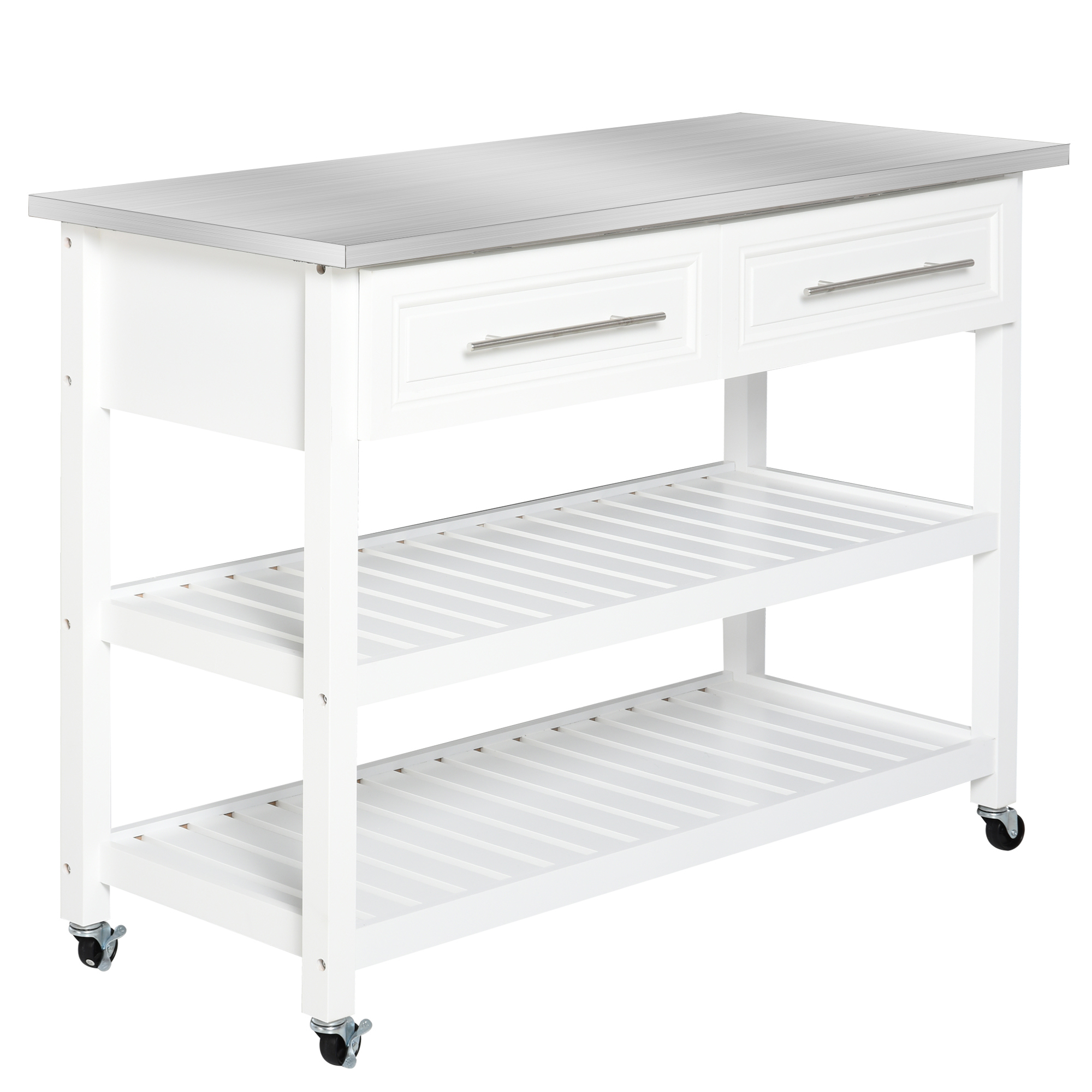 Kitchen Island with Stainless Steel Top, Traditional Kitchen Island with Storage, Butcher Block Cart 2-Tier Open Shelves, Drawers, White