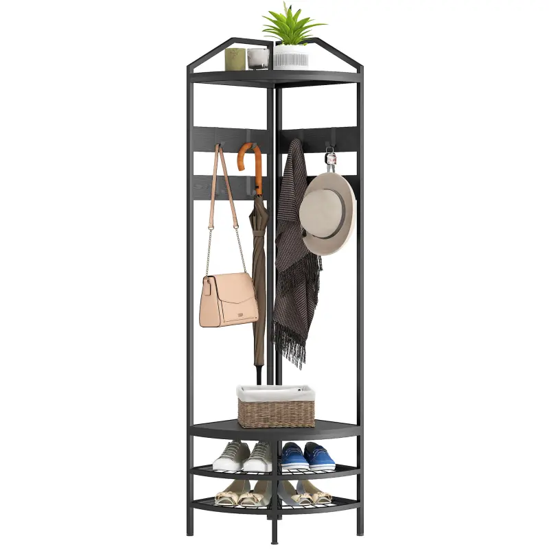 Corner Hall Tree, Industrial 4-Tier Coat Rack with Shoe Storage, 8 Movable Hooks and 2 Shelves for Hallway, Black
