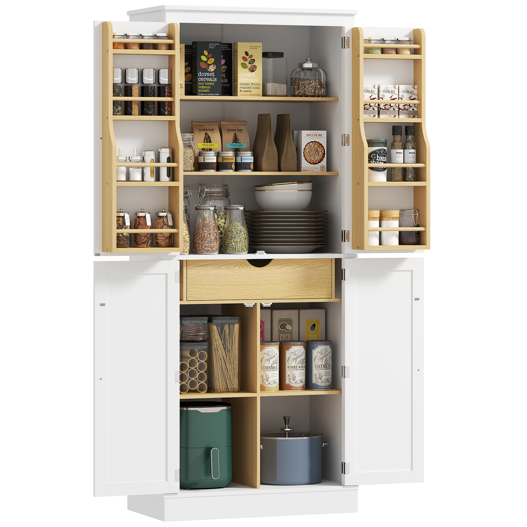 72" Kitchen Pantry Storage Cabinet, Modern Tall Kitchen Cabinet with 5-tier Storage Shelving, 8 Spice Racks, Drawer