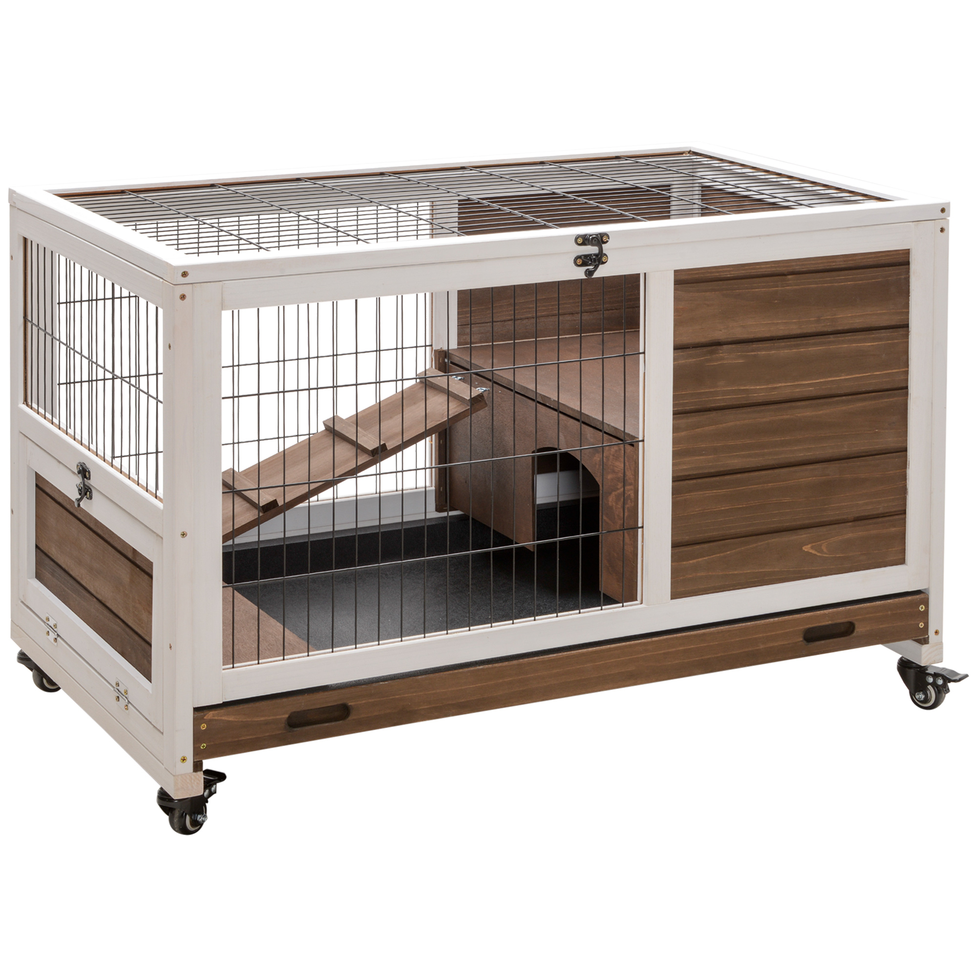 Rabbit Hutch on Wheels, Indoor Bunny Cage Small Animal House with Pull Out Tray Casters Ramp, 35.5" x 21" x 23", Brown