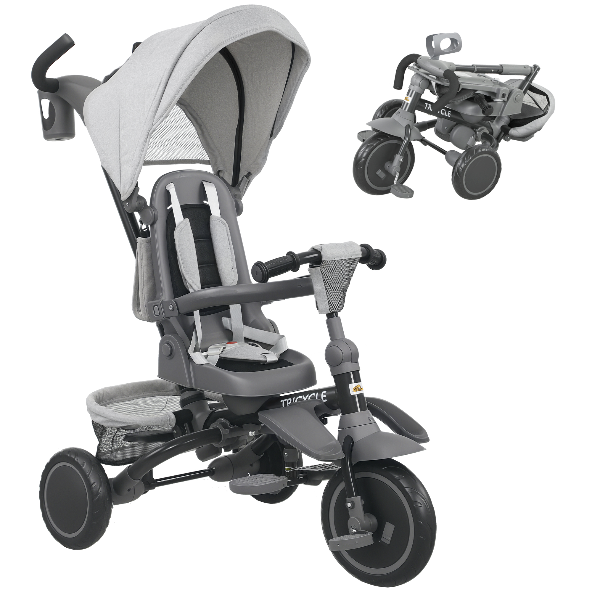 6 in 1 Kids Tricycle with Adjustable Push Handle, Removable Canopy, Reversible Seat, for 1-5 Years, Gray
