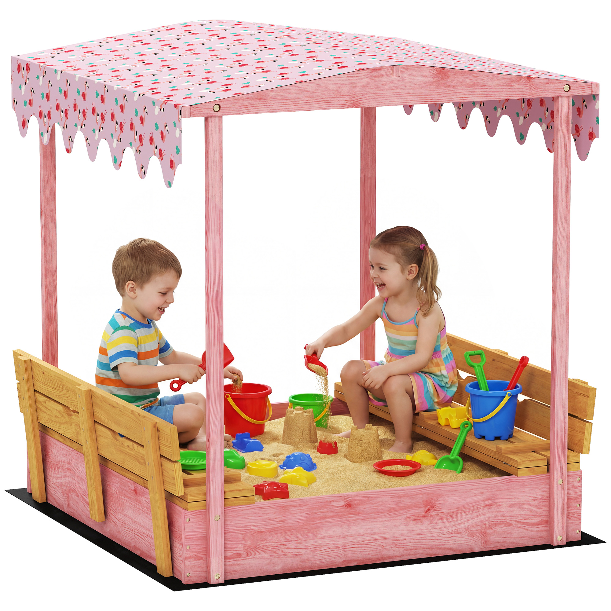 Wooden Sandbox with Cover, Kids Sandbox Outdoor with Seat, Bottom Liner, Canopy for Ages 3-6, Flamingos Print, Pink