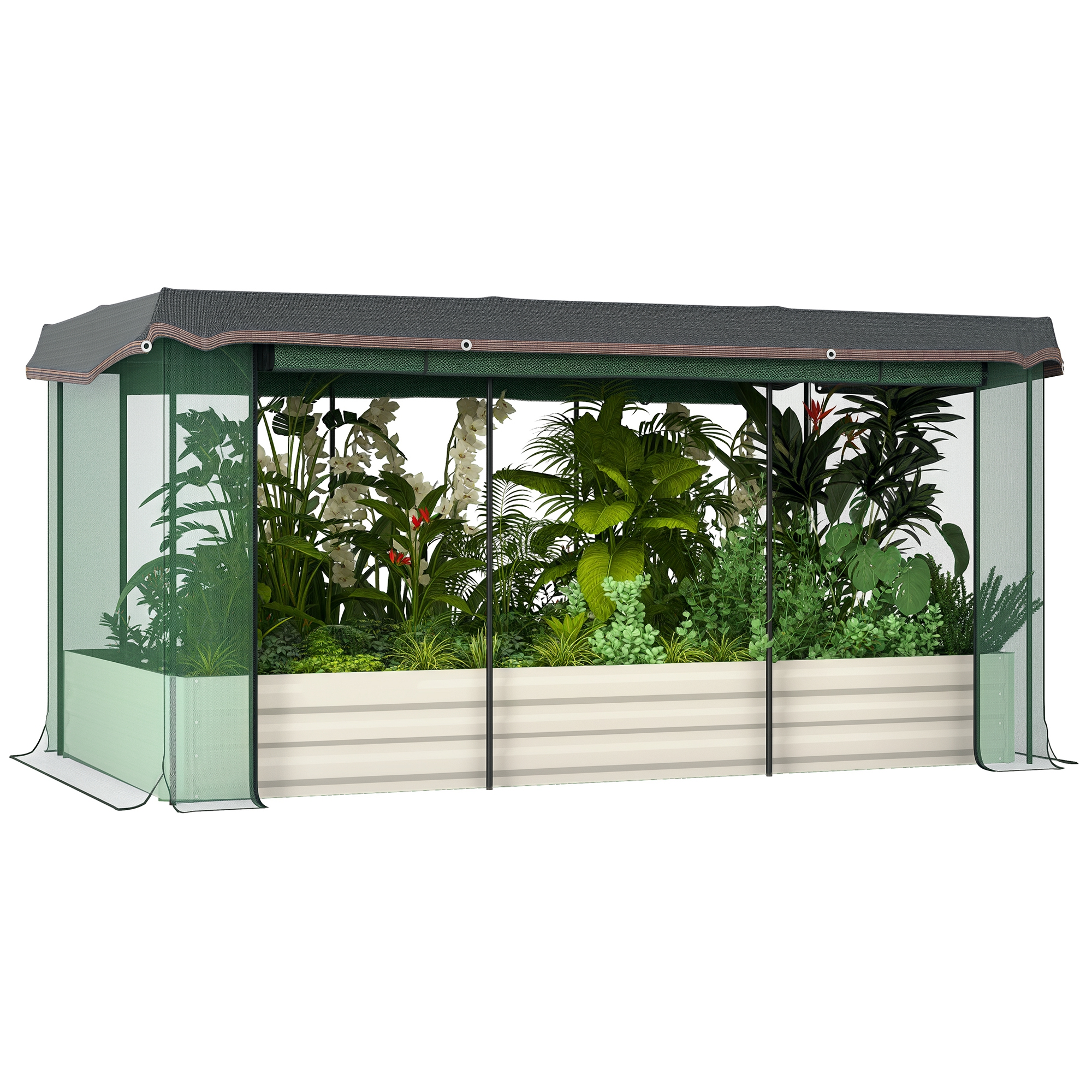 Galvanized Steel Planter Box with Crop Cage and Shade Cloth, Raised Garden Bed for Flowers, Veggies and Herbs, Beige