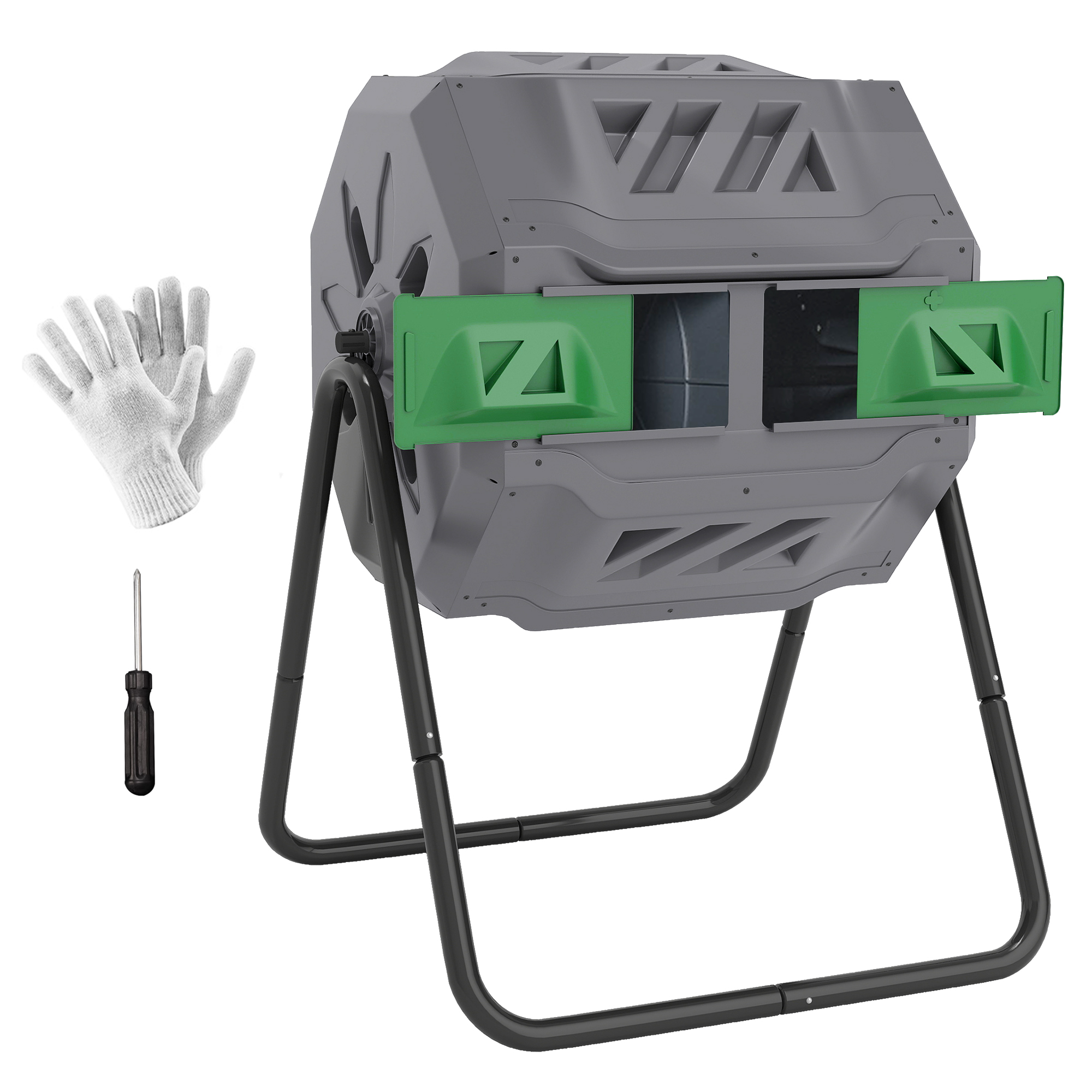 Tumbling Compost Bin Outdoor 360° Dual Chamber Rotating Composter 43 Gallon, Light Gray