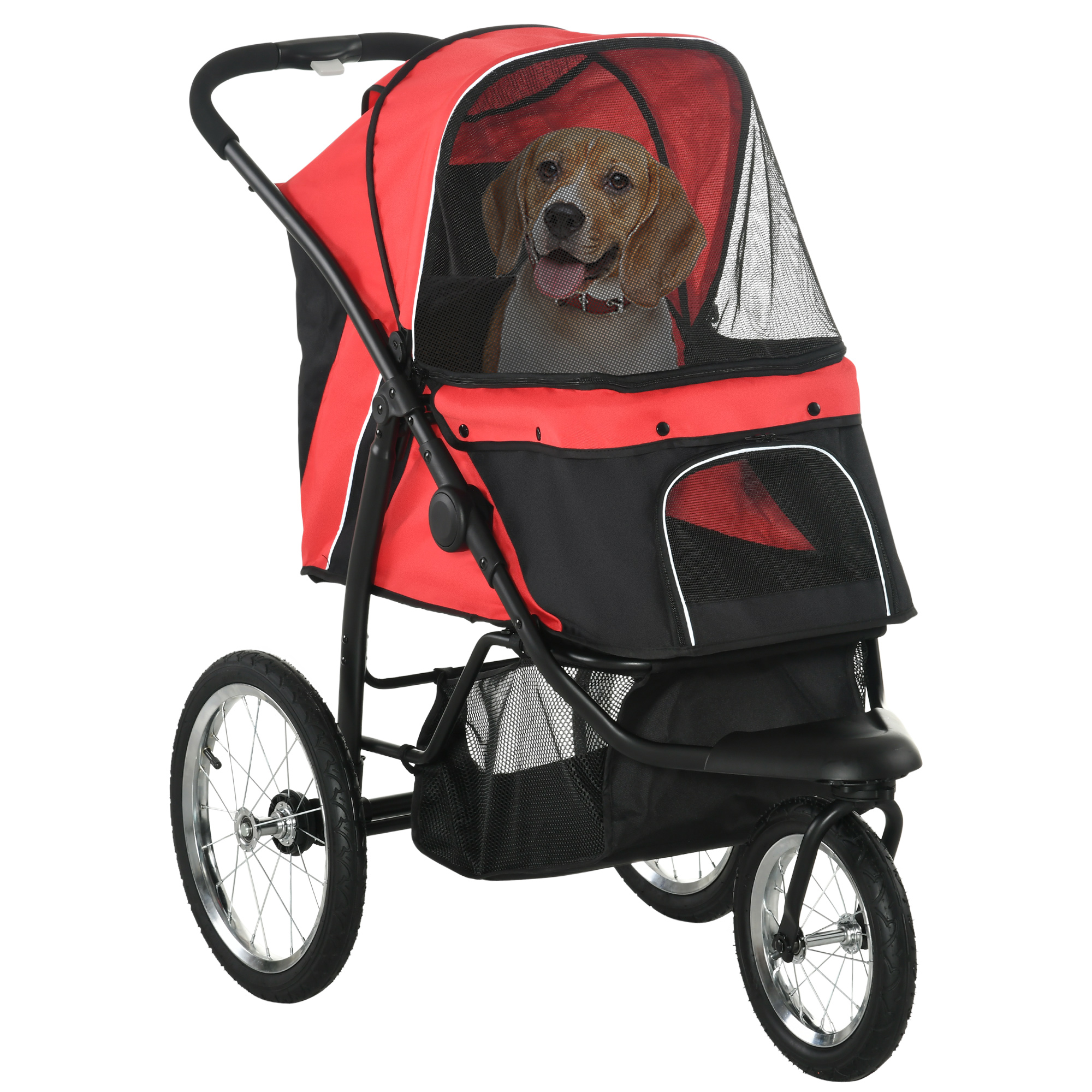 3 Wheels Pet Stroller for Small Dogs and Medium Dogs with Adjustable Canopy, Safety Tether, Storage Basket, Red
