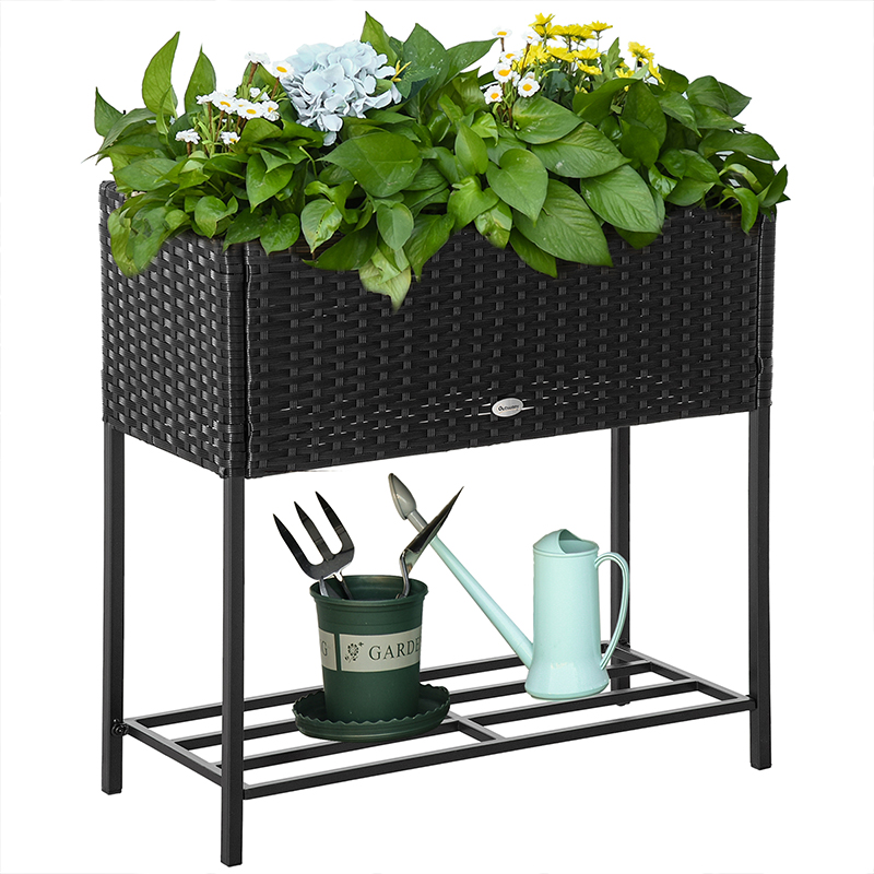 PE Rattan Wicker Raised Flower & Vegetable Planter, Rack Shelf Box
